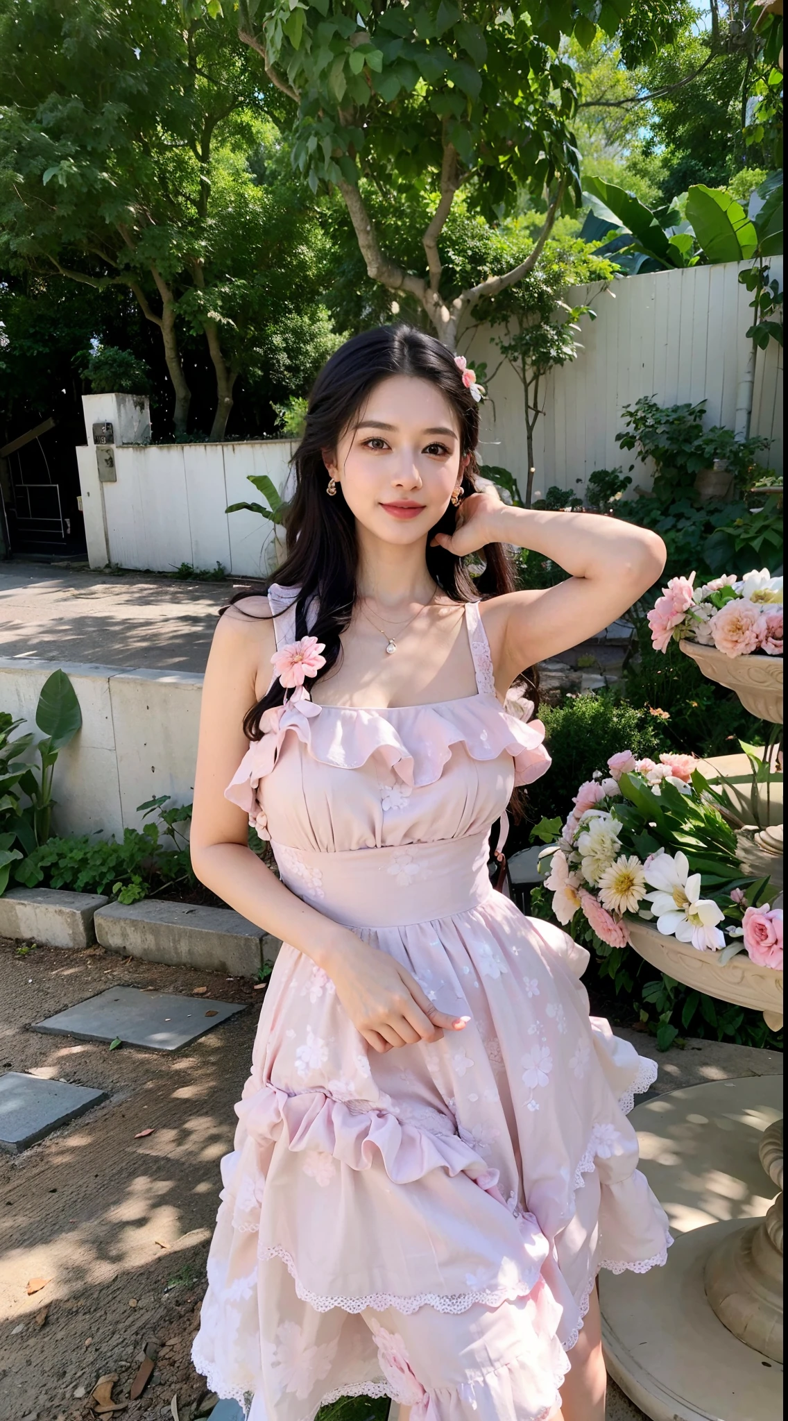 Alafi woman in pink dress poses in front of a flower pot, wearing pink floral gown, Romantic dress, rococo ruffles dress, flowery dress, Flower dress, wearing a long flowery dress, wearing in a summer dress, wearing organza gown, lady with glowing flowers dress, floral dream, Gorgeous lady, floral clothes, imagem de qualidade alta