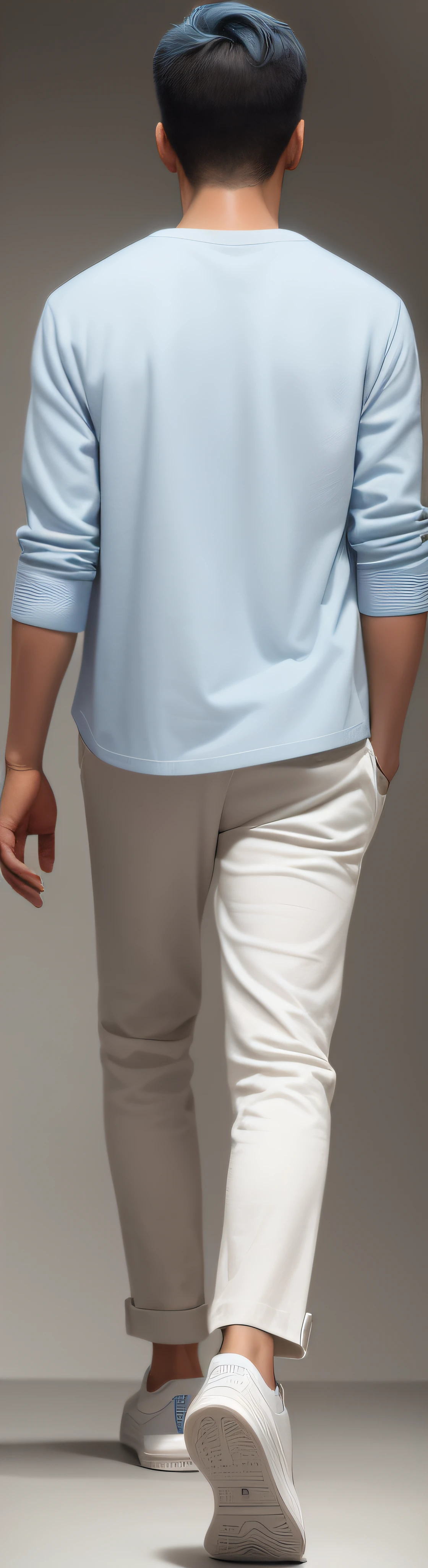 Close-up of a man walking in a light blue shirt, high resolution and detail, full body detailing, highly realistically detailed, hyper realistic detailed, highly detailed character, extra realistic details, high-resolution details, full body shot hyperdetailed, full body close-up shot, realistically rendered clothing, zoomed out full body, extra detailed body, distant full body view,White sneakers,Cropped pants,leisure wear
