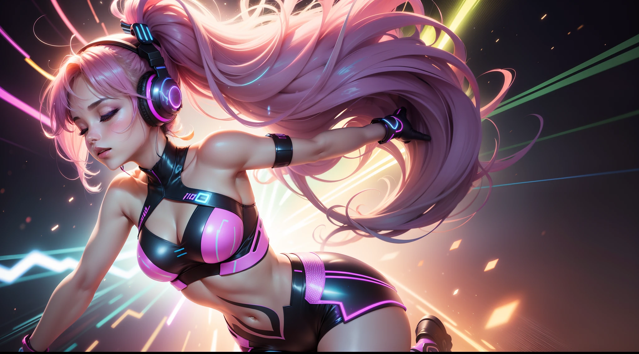 Foreground:
A dynamic pose of a cute girl, her hair flowing in the breeze. She wears a form-fitting, shimmering outfit in electric blue, capturing attention immediately. The clothing has holographic reflections, which shimmer in different neon colors as light hits it. A pair of stylish headphones sits snugly over her ears, with tiny LED lights pulsing to an invisible beat. Her eyes are closed, and a playful smirk graces her lips, hinting at the rhythm engulfing her.

Background:
A burst of vibrant, hype colors – neon pinks, electric purples, and intense yellows, swirling and blending, creating an energetic vortex. The colors are reminiscent of a lively night scene or an electrifying concert. Streaks of white lightning bolts zigzag across the background, amplifying the overall energy.