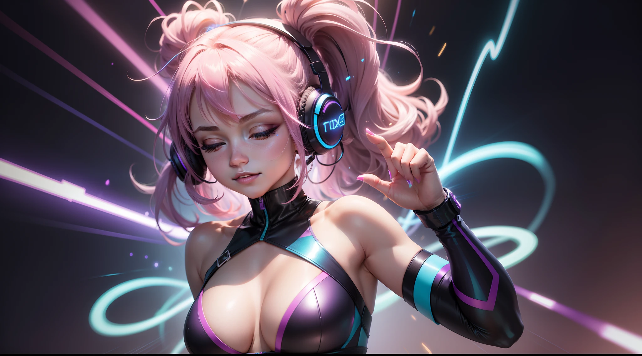 Foreground:
A dynamic pose of a cute girl, her hair flowing in the breeze. She wears a form-fitting, shimmering outfit in electric blue, capturing attention immediately. The clothing has holographic reflections, which shimmer in different neon colors as light hits it. A pair of stylish headphones sits snugly over her ears, with tiny LED lights pulsing to an invisible beat. Her eyes are closed, and a playful smirk graces her lips, hinting at the rhythm engulfing her.
Background:
A burst of vibrant, hype colors – neon pinks, electric purples, and intense yellows, swirling and blending, creating an energetic vortex. The colors are reminiscent of a lively night scene or an electrifying concert. Streaks of white lightning bolts zigzag across the background, amplifying the overall energy.
