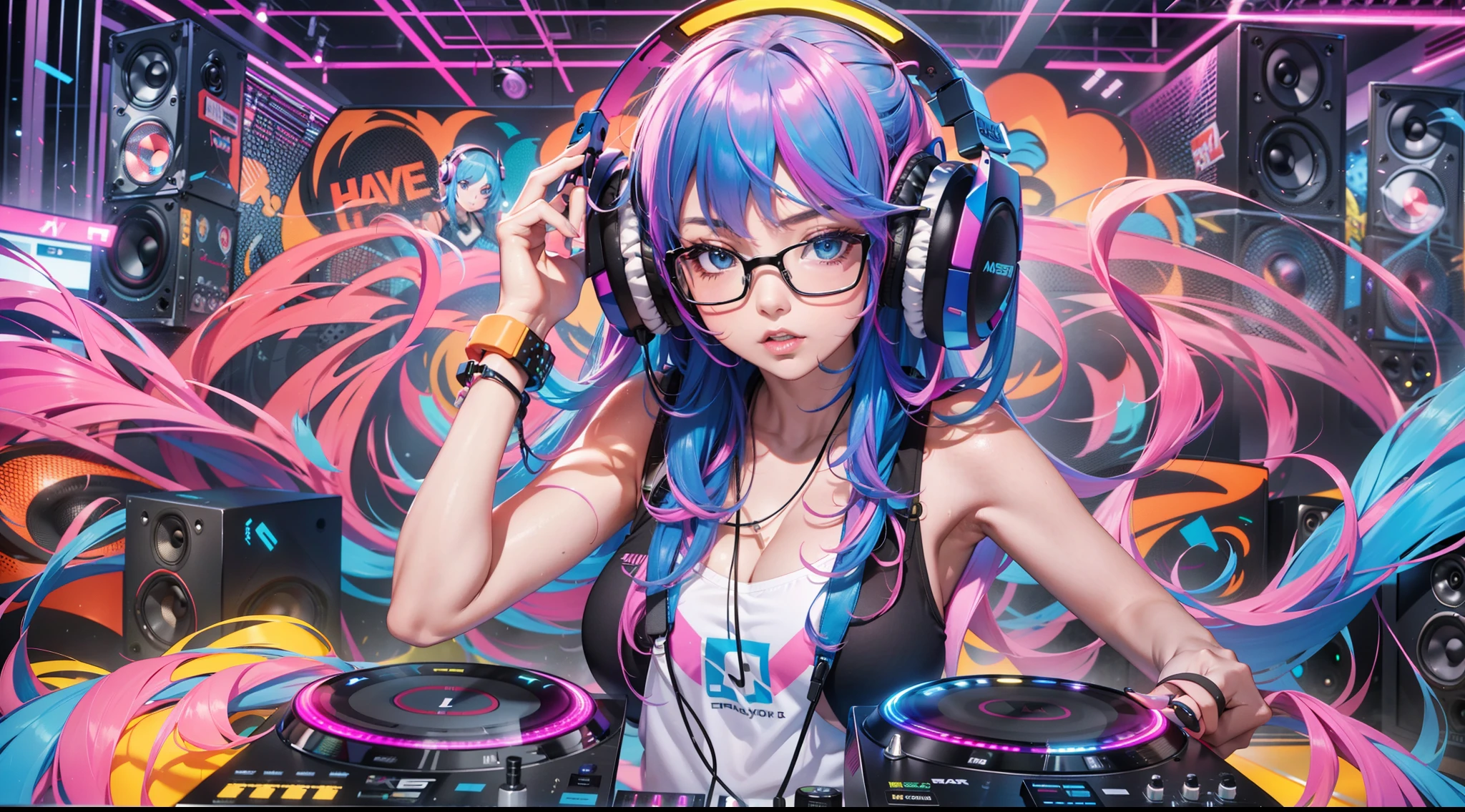masuter piece、super-fine、A hyper-realistic、Beautiful female artist in DJ suit with black top and headphones、dj set、Sportsbra、headphones dj rave, Sportsbra, headphones、dj at a party、dj rave party、CGstation、(((Huge speaker in background)))、(((All walls are speakers)))、(colourful hair)、Glowing hair、inner colored、smokey,from back