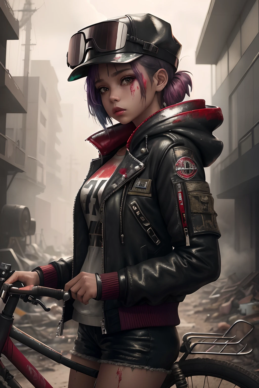 parameters
masterpiece, best quality,1 girl solo, (wasteland|punk:1.1),claymation,(Aviator jacket with Paint Stains), On a bicycle(black vintage aviator cap),Red hooded sweatshirt ,4k, ultra detailed, hdr,