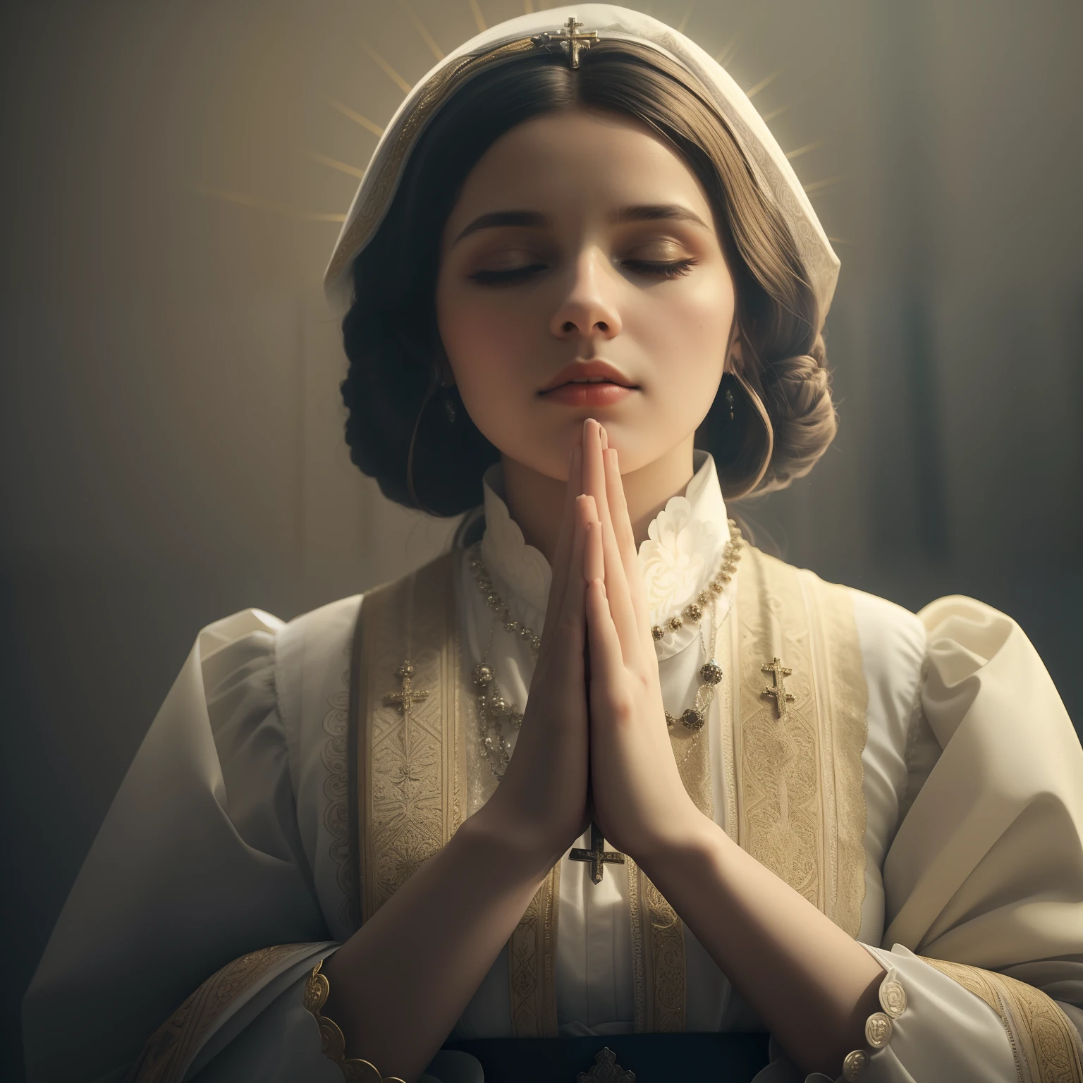 There is a woman who is praying in a room, orar meditando, praying posture, majestosa mulher de santo, Uma bela mulher vitoriana, doing a prayer, Directed by: Adam Marczyński, praying, Directed by: Aleksander Gierymski, usando roupas vitorianas, Directed by: Aleksander Kobzdej, Prayer, Catholic, prayer hands, inspirado em Nikolai Ge