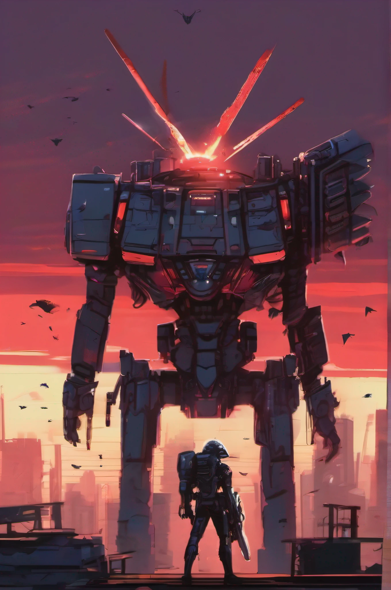 the setting sun,city ruins,Burning clouds,Alien,mechs,Prickly,dappled,injuries,knifes,The sword,guns,Red White,Black and blue