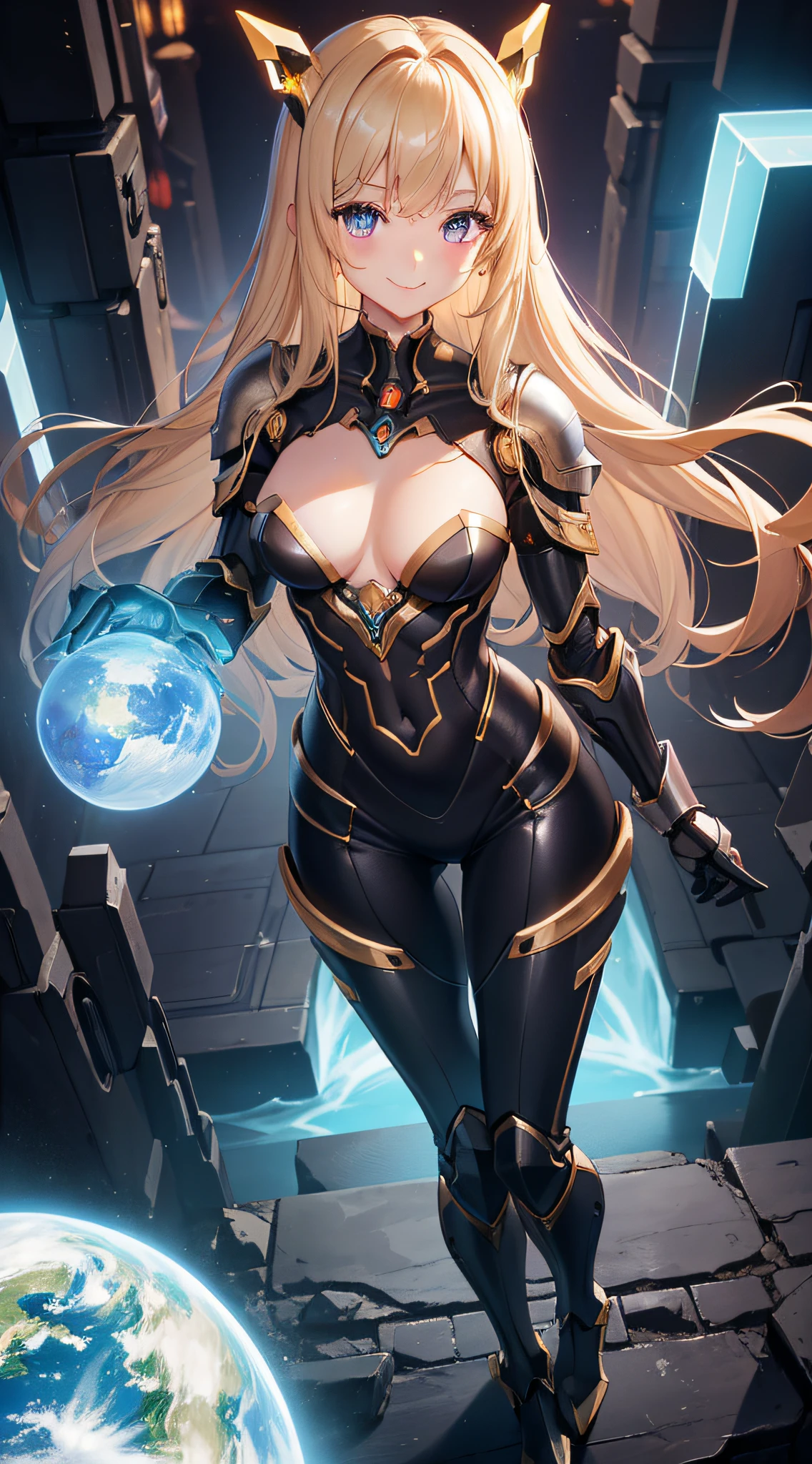 top-quality、Top image quality、​masterpiece、femele((18year old、cute little、a blond、Longhaire、Black Robot Armor、Luminescent  parts、Gold Arm、big bast、 95、 wide open、A slender、A smile、cyber eyes、Reflecting the whole body、Beam Effects))、hiquality、depth of fields、Background with((Cyberworld))、Depth((Computer mass))