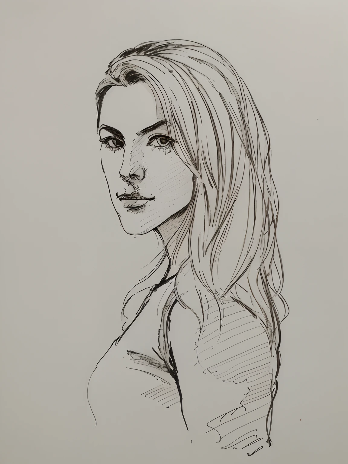 A painting of a woman with long hair and a shirt, Portrait of a female model, ink and pencil, three-quarter portrait, pencile and ink, 3 / 4 view portrait, portrait no. 1, half portrait, figure portrait, half-body portrait, Ink sketch, Female portrait of the face, potrait of a female face, front portrait of a girl, head portrait