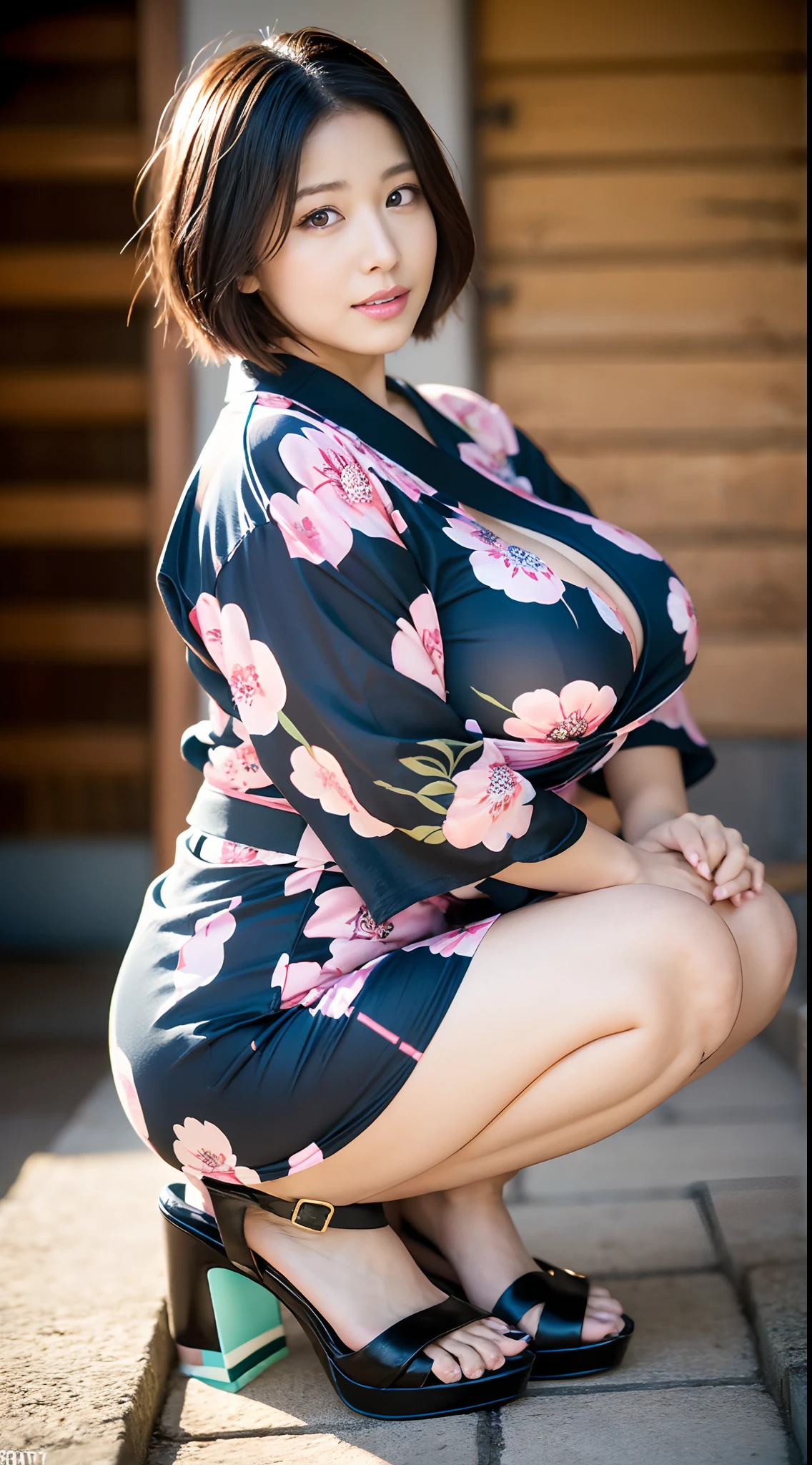 (masutepiece:1.3), (8K, Photorealistic, Raw photography, Best Quality: 1.4), japanse, Beautiful face, (Lifelike face), (Short-cut hair:1.3), Realistic eyes, Beautiful eyes, (realskin), Beautiful skin, Ultra high definition, Hyper-realistic, hight resolution, Beautiful Japan Woman、(Change of clothes:1.5)、Colossal tits、Opening legs、high-heels、teats、squatt、crouching down、fatness、satiety、、bbw、Expose all breasts、Exposing the lower buttocks,Exposed,Transparent yukata、Twine bread、