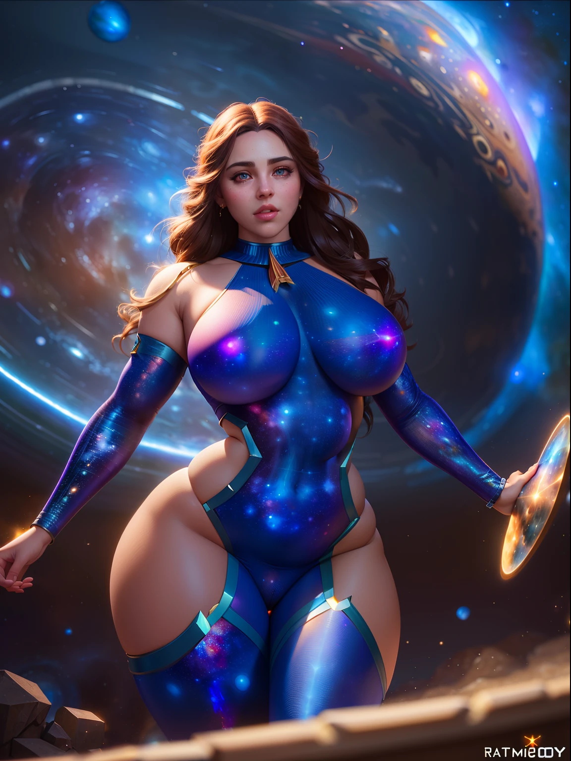Highly detailed RAW color Photo, beautiful young bbw girl, dynamic pose, (wide hips), (detailed skin), (detailed lips), showing vagina, (detailed eyes), (cosmic:1.4), (necropolis:1.1), (Sci-Fi setting) (detailed face), (curvy), detailed eyes, chromatic aberration, depth of field, soft lighting, masterpiece, best quality, intricate, (lens flare:0.7), (bloom:0.7), particle effects, raytracing, tone mapped, highly detailed, concept art, smooth, sharp focus, dramatic lighting, highly detailed artwork, cinematic, hyper realistic painting, trending on Artstation, 8K, incredible shadows, realistic, (highly detailed background:1.2), art by midjourney