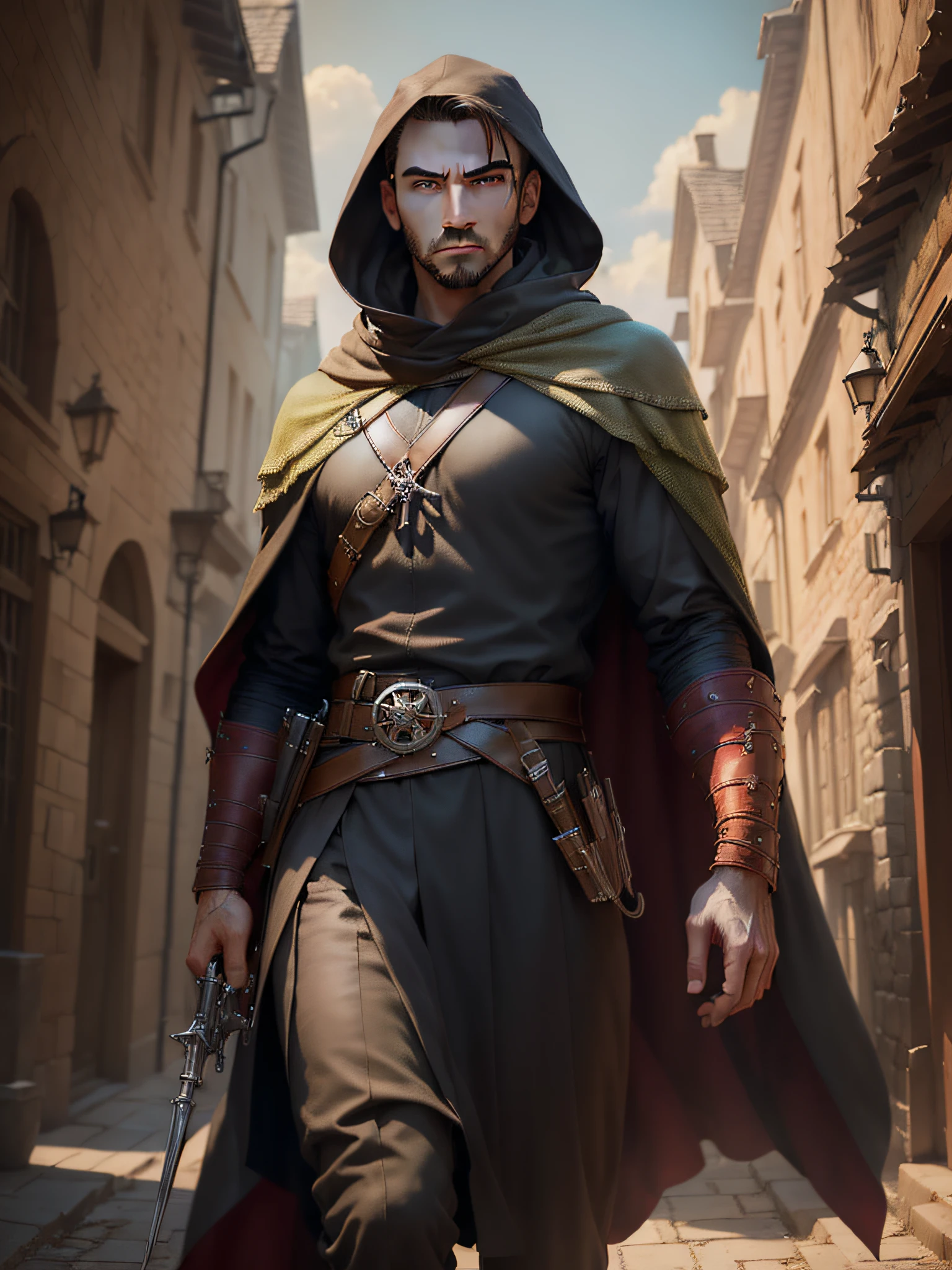 (((masterpiece, Best Quality, Ultra-detailed))), (proficient male assassin, walk, looking down forward, solo, unapproachable vibe, expressionless, serious, Perfect fingers, Perfect hands), 35 years old, (medieval assassin costume, hooded assassin's cloak), Medieval secret town in the background, night, cloudy, Dynamic Angle, extremely short hair, male face, male eyebrows, sharp eyes, sharp nose, forehead,