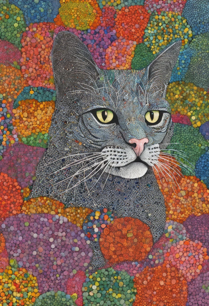 a cat ::style pointillism style, composed entirely of small, distinct dots of color, vibrant, highly detailed ::seed 100