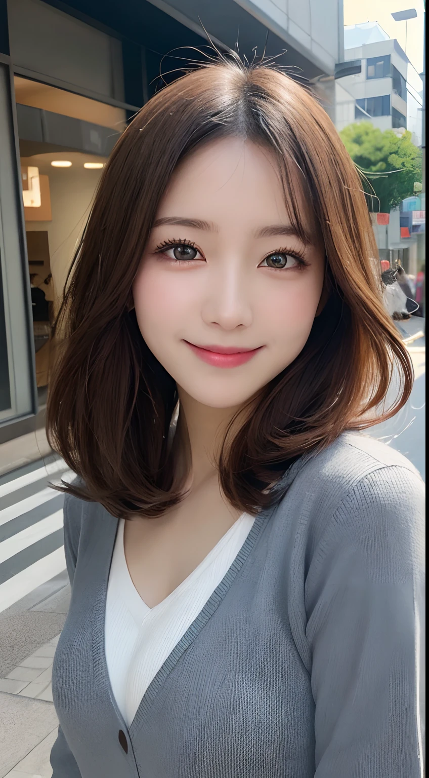 masutepiece, Best Quality, Illustration, Ultra-detailed, finely detail, hight resolution, 8K Wallpaper, Perfect dynamic composition, Beautiful detailed eyes, doress,Medium Hair, Mid-chest, Natural Color Lip, Random and sexy poses,Smile,Aoyama Street Walk