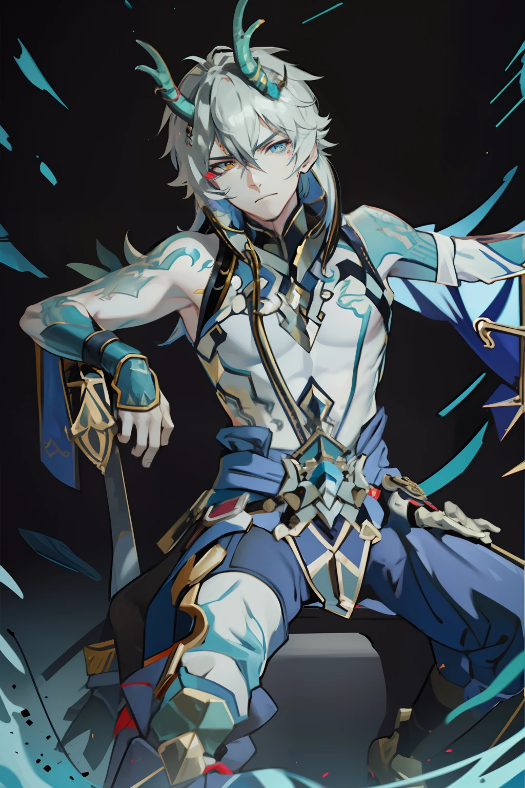 （absurderes，A high resolution，Hyper-detailing，hdr），Dragon's horn，younge boy，tmasterpiece，best qualtiy，1人，独奏，Handsome，Golden eyes，Fine eyes and detailed face，toppless，Tattooed with，arma，seated on a throne，Indifferent and arrogant，Abs，chest muscle，Raised sexy，Ruffian，Show your temperament，Male，masculine appeal，Male characteristics are distinct，Long messy hair，Arrogant，self-assured，Sitting majestically on the throne，Pondering，Legs crossed，white pantie，supreme，Lazy，Handsome，