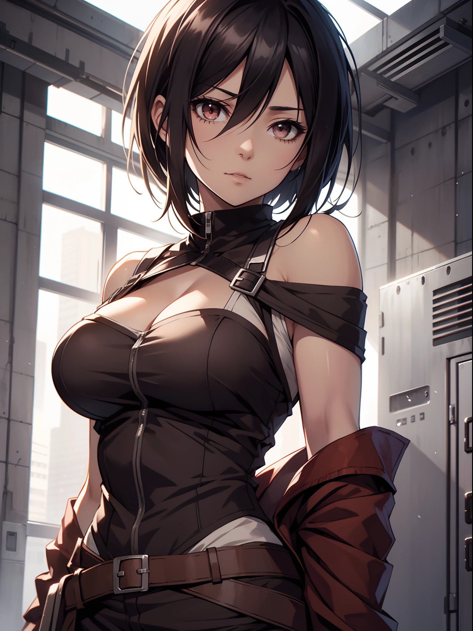 Mikasa_ackerman，solo person，byself，Off-the-shoulder clothing，muscline，cleavage，nabel，open waist，Abs，Vest line，Off-the-shoulder attire，