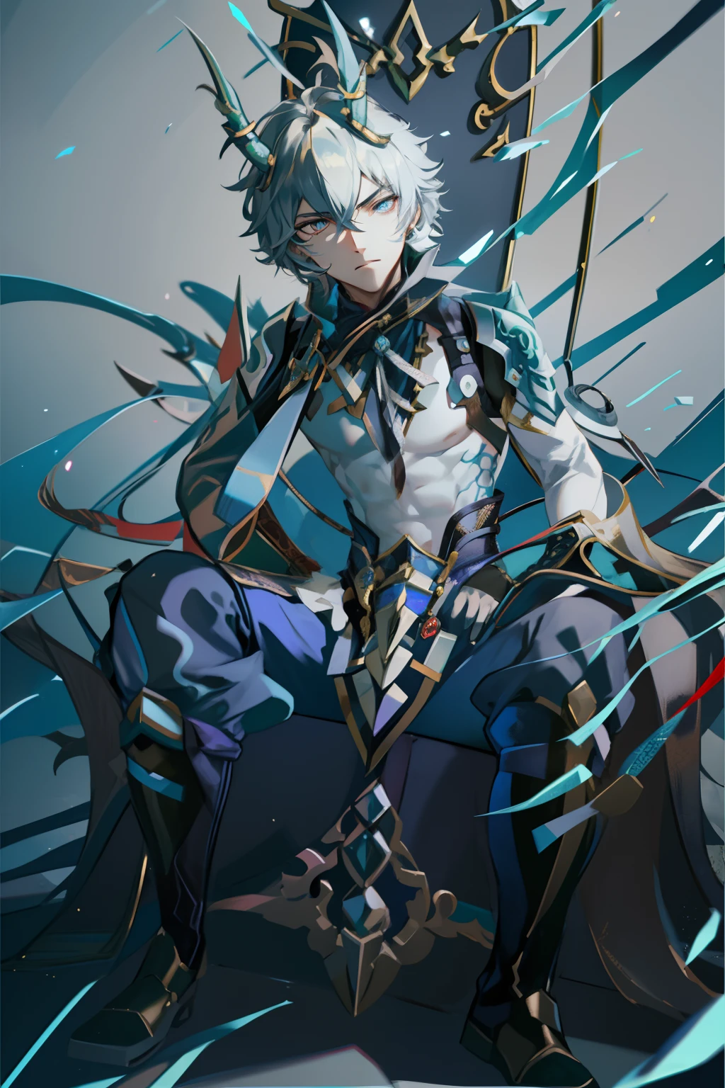 (absurderes,A high resolution,Hyper-detailing,hdr),Dragon's horn,younge boy,tmasterpiece,best qualtiy,1人,独奏,Handsome,Golden eyes,Fine eyes and detailed face,toppless,Tattooed with,arma,seated on a throne,Indifferent and arrogant,Abs,chest muscle,Raised sexy,Ruffian,Show your temperament,Male,masculine appeal,Male characteristics are distinct,Long messy hair,Arrogant,self-assured,Sitting majestically on the throne,Pondering,Legs crossed,white pantie,supreme,Lazy,Handsome,