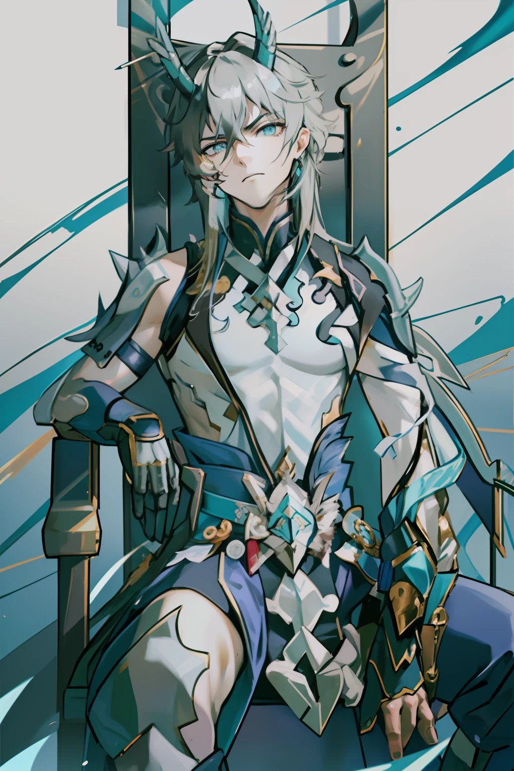 (absurderes,A high resolution,Hyper-detailing,hdr),Dragon's horn,younge boy,tmasterpiece,best qualtiy,1人,独奏,Handsome,Golden eyes,Fine eyes and detailed face,toppless,Tattooed with,arma,seated on a throne,Indifferent and arrogant,Abs,chest muscle,Raised sexy,Ruffian,Show your temperament,Male,masculine appeal,Male characteristics are distinct,Long messy hair,Arrogant,self-assured,Sitting majestically on the throne,Pondering,Legs crossed,white pantie,supreme,Lazy,Handsome,
