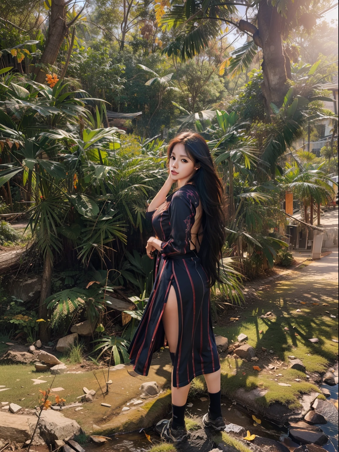 Change background, 8k realistic, rich park, sunset realistic background enhance body tone