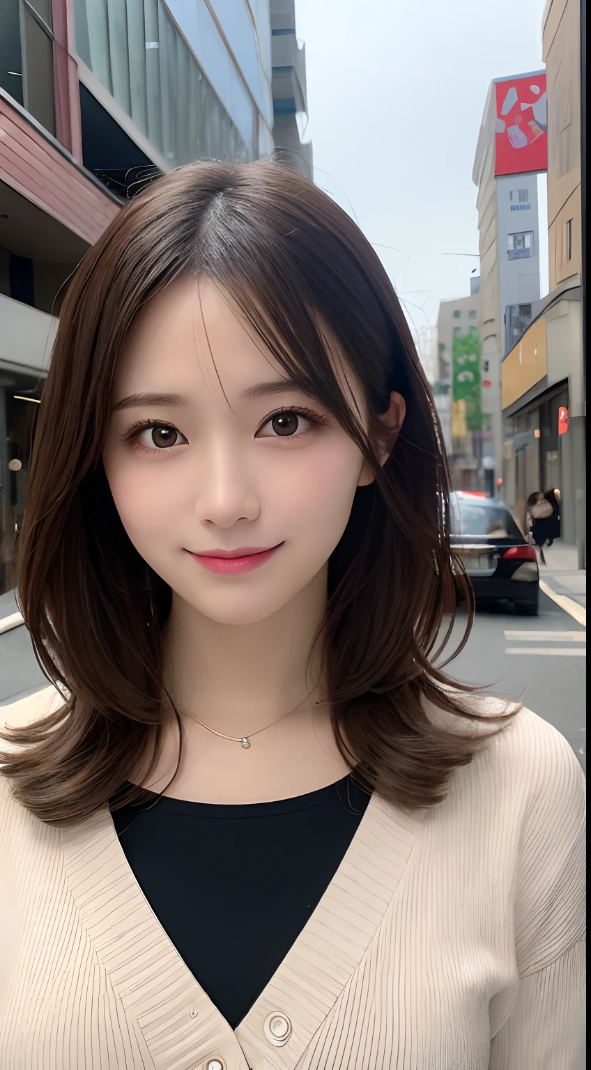 masutepiece, Best Quality, Illustration, Ultra-detailed, finely detail, hight resolution, 8K Wallpaper, Perfect dynamic composition, Beautiful detailed eyes, doress,Medium Hair, Mid-chest, Natural Color Lip, Random and sexy poses,Smile,Aoyama Street Walk
