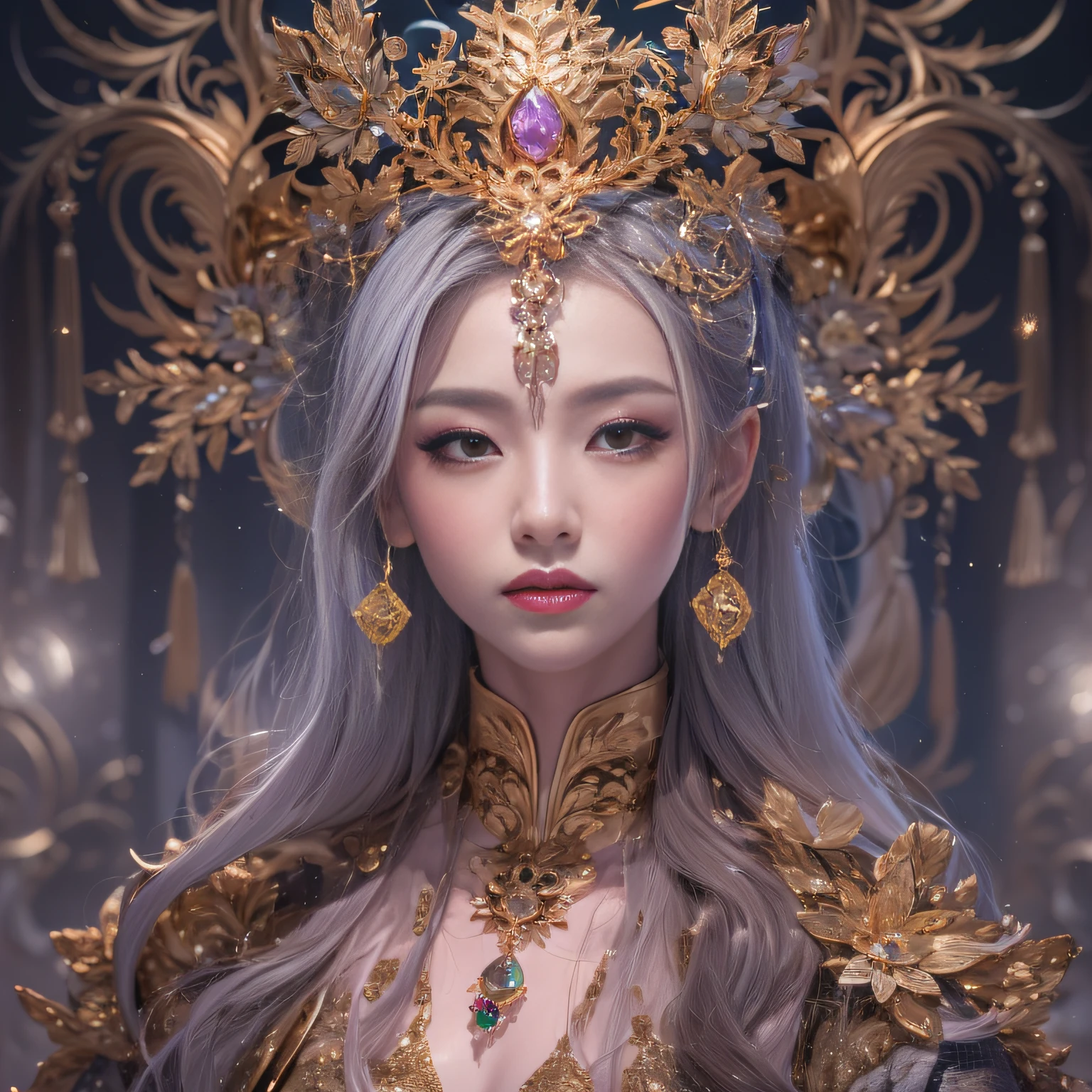 32K(tmasterpiece,k hd,hyper HD,32K)short detailed hair,Gold jewelry area in the back room,Flame Girl ,Yao Lang protector (realisticlying:1.4),Python pattern robe,Purple-pink tiara,Snowflakes fluttering,The background is pure,Hold your head high,Be proud,The nostrils look at people, A high resolution, the detail, RAW photogr, Sharp Re, Nikon D850 Film Stock Photo by Jefferies Lee 4 Kodak Portra 400 Camera F1.6 shots, Rich colors, ultra-realistic vivid textures, Dramatic lighting, Unreal Engine Art Station Trend, cinestir 800,Hold your head high,Be proud,The nostrils look at people