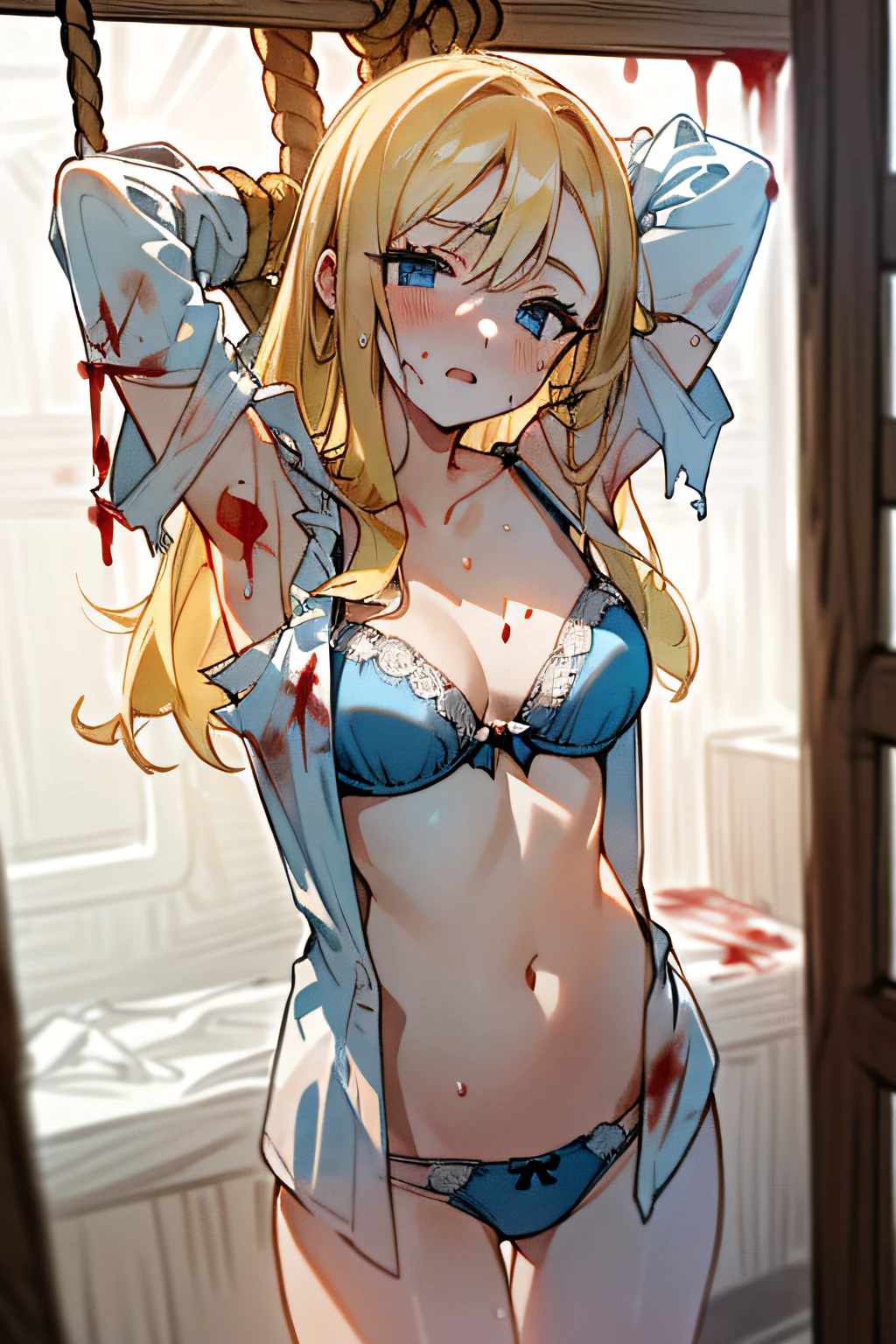 ((((a junior high school student))))、((((Inside the confinement room))))、((((Wearing only pragers and panties))))、((((Neat and clean beautiful girl))))、(((White bra visible)))、(((Blonde Russian)))、blue eyess、sodden、Very embarrassing、18year old、Beautiful and cute、Looking here、((((Underwear))))、(((Hot and sweaty)))、((I can see my panties)))、(((((collarbone and shoulders exposed)))))、(((Inside a dark classroom))))、((((Arms raised and put behind the head))))、((((Panting in pain))))、Breath is rough、((Standing against the wall)))、(((Tied up with rough rope))))、((((Hanging from the ceiling with a rope))))、((((The whole body is suspended in the air))))、shame、((((Hung on a beam))))、((((Torn shirt))))、((((Blood flowing from the inside of the thigh))))、((((Exhausted))))、(((((SM Miss))))、