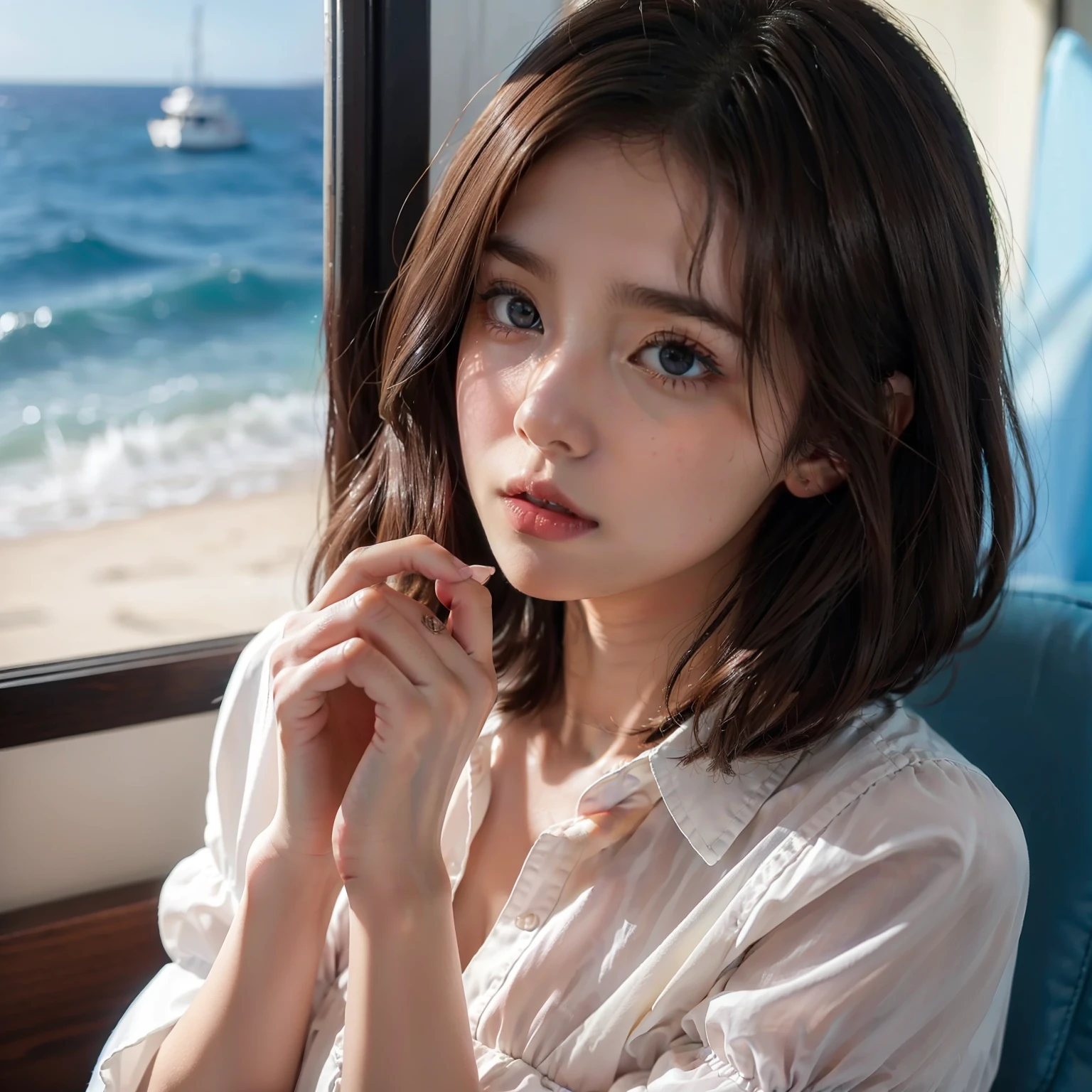 (Best Quality), (masutepiece)、A 14-year-old girl is Russian with big blue eyes、Wavy bob hairstyle with brown hair、The figure is very slim、Blanc Women's Lace Blouse, Offshore style, Skipper Dresses, Shirt、Shape the heart with your hands、A slightly embarrassed look、The background is the interior of a cute pink café、The heart-shaped beam coming out of the hand is fluffy、View from above、Close-up Face