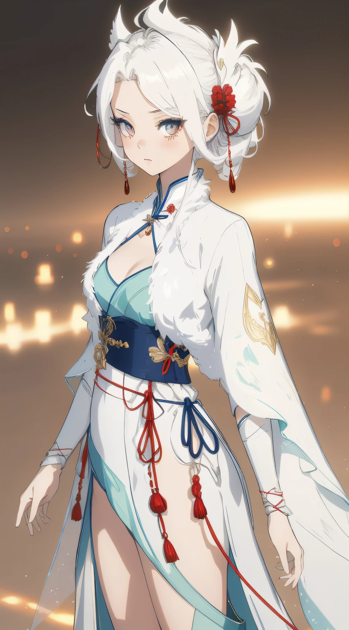 (best qualtiy,tmasterpiece:1.2),超高分辨率,realisticlying,Front lighting,Complicated details,Exquisitedetailsandtextures,(1girll),独奏,The upper part of the body,red color Hanfu,Petal pattern,Nice big eyes,Red dress,beauitful face,facing to audience,Streamers,gossamer,(年轻),Facial highlights,Detal Face,tear-mole,white skinned,Silvery hair,High ponytail,looking at viewert,largeeyes,(Openwork pattern),耳Nipple Ring,slimfigure,white backgrounid,correct hand,profesional lighting,photon maping,Radio City,physically-based renderingt