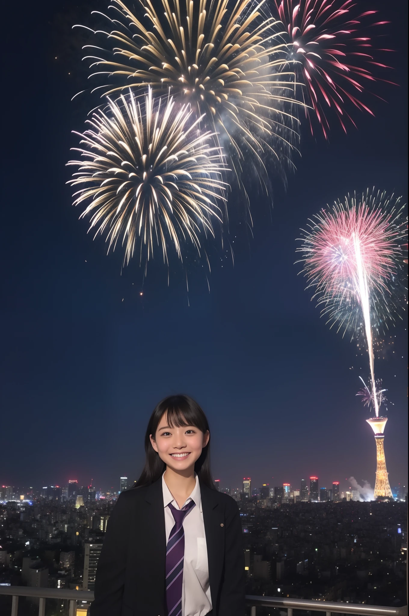 A smile、hi-school girl、校服、While doing fireworks、mare、Tokyo Skytree