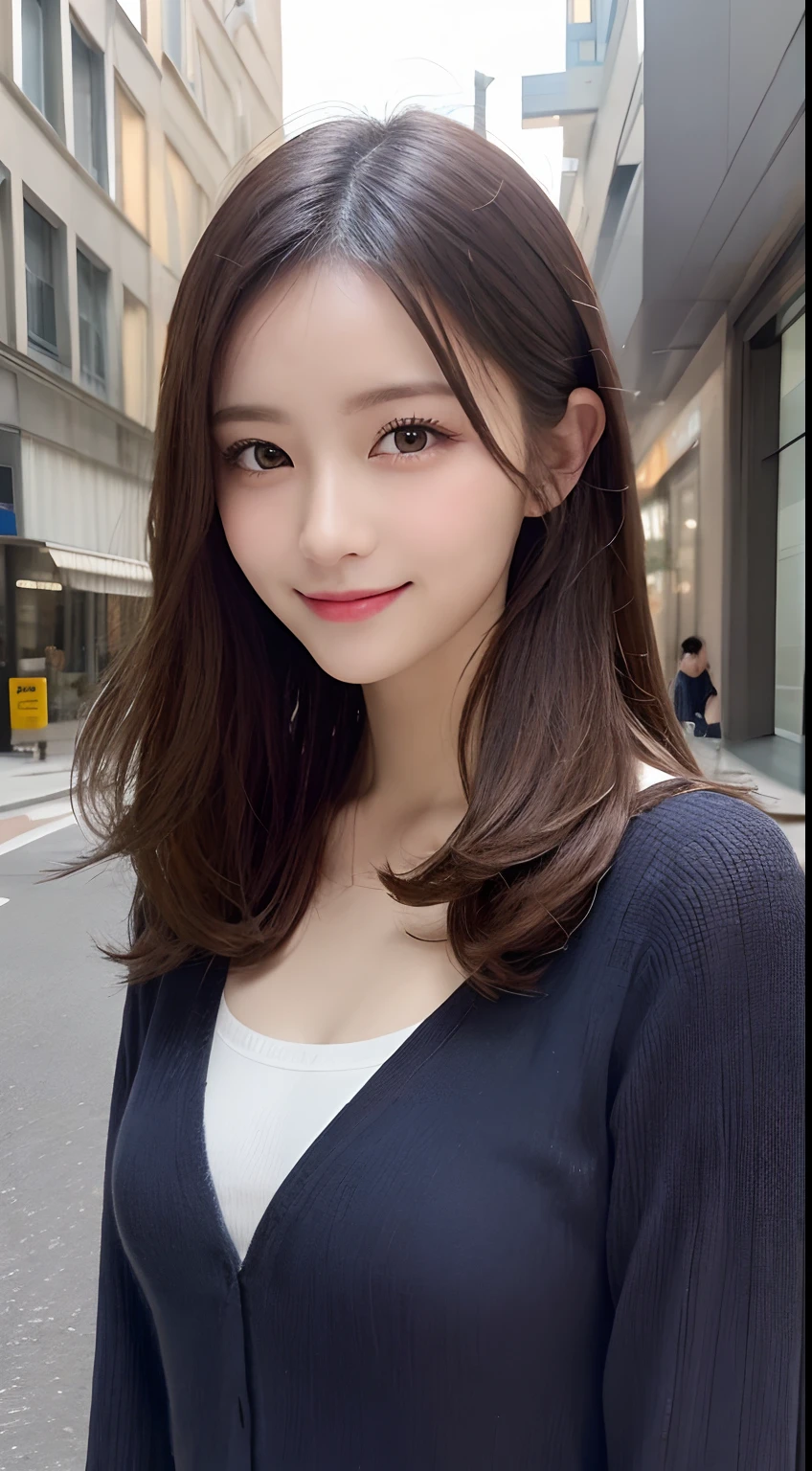 masutepiece, Best Quality, Illustration, Ultra-detailed, finely detail, hight resolution, 8K Wallpaper, Perfect dynamic composition, Beautiful detailed eyes, doress,Medium Hair, Mid-chest, Natural Color Lip, Random and sexy poses,Smile,Aoyama Street Walk