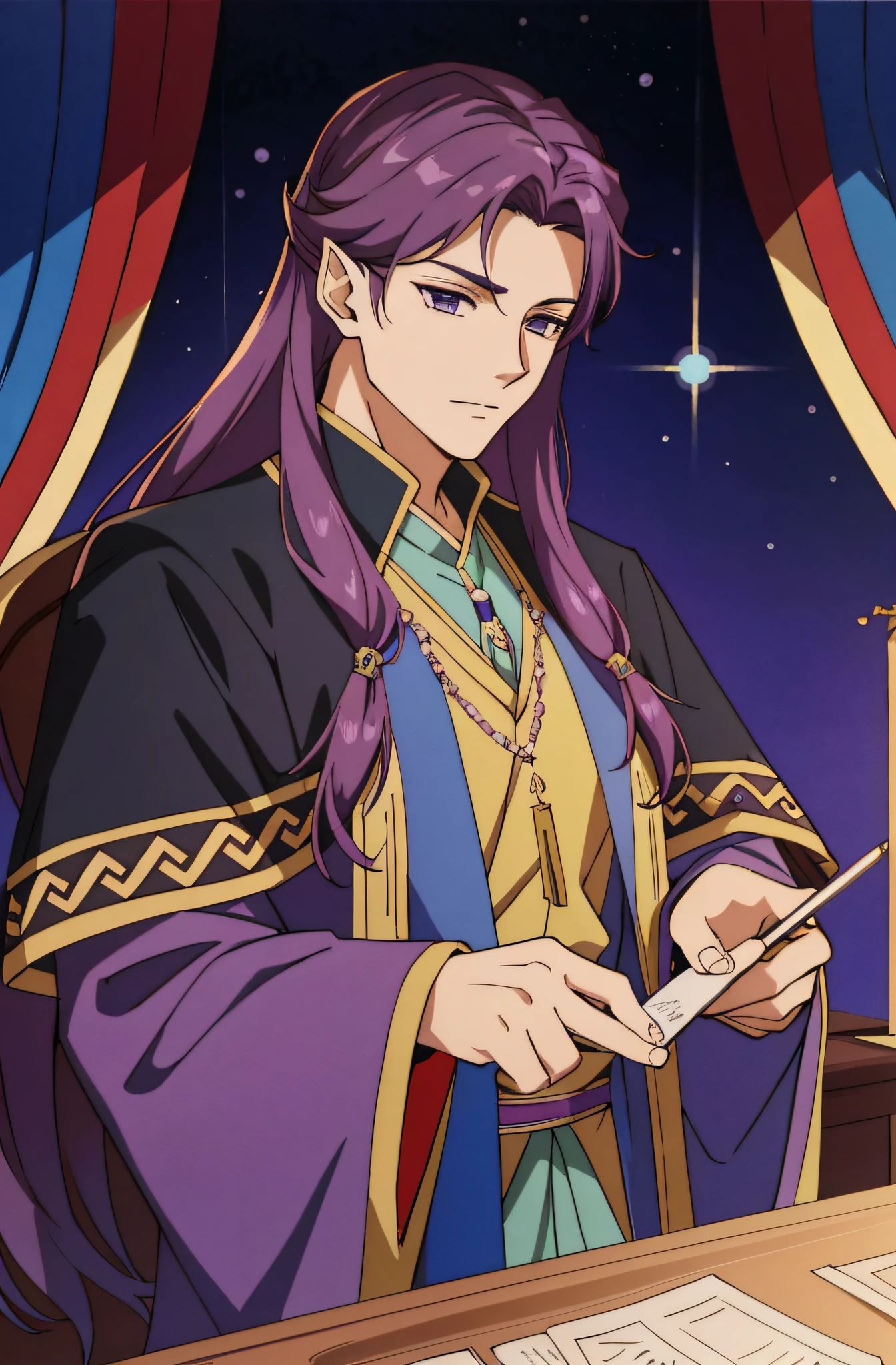 (Close both eyes)、laught、Keep your gaze away、Anime character with purple hair and pen with purple cape, beautiful androgynous prince, casimir art, portrait of a young elf wizard, delicate androgynous prince, taisho roman, young half elf wizard, young wizard, Official art, ((wearing aristocrat robe)), Wearing a mage's robe filled with stars, male wizard, caleb from critical role