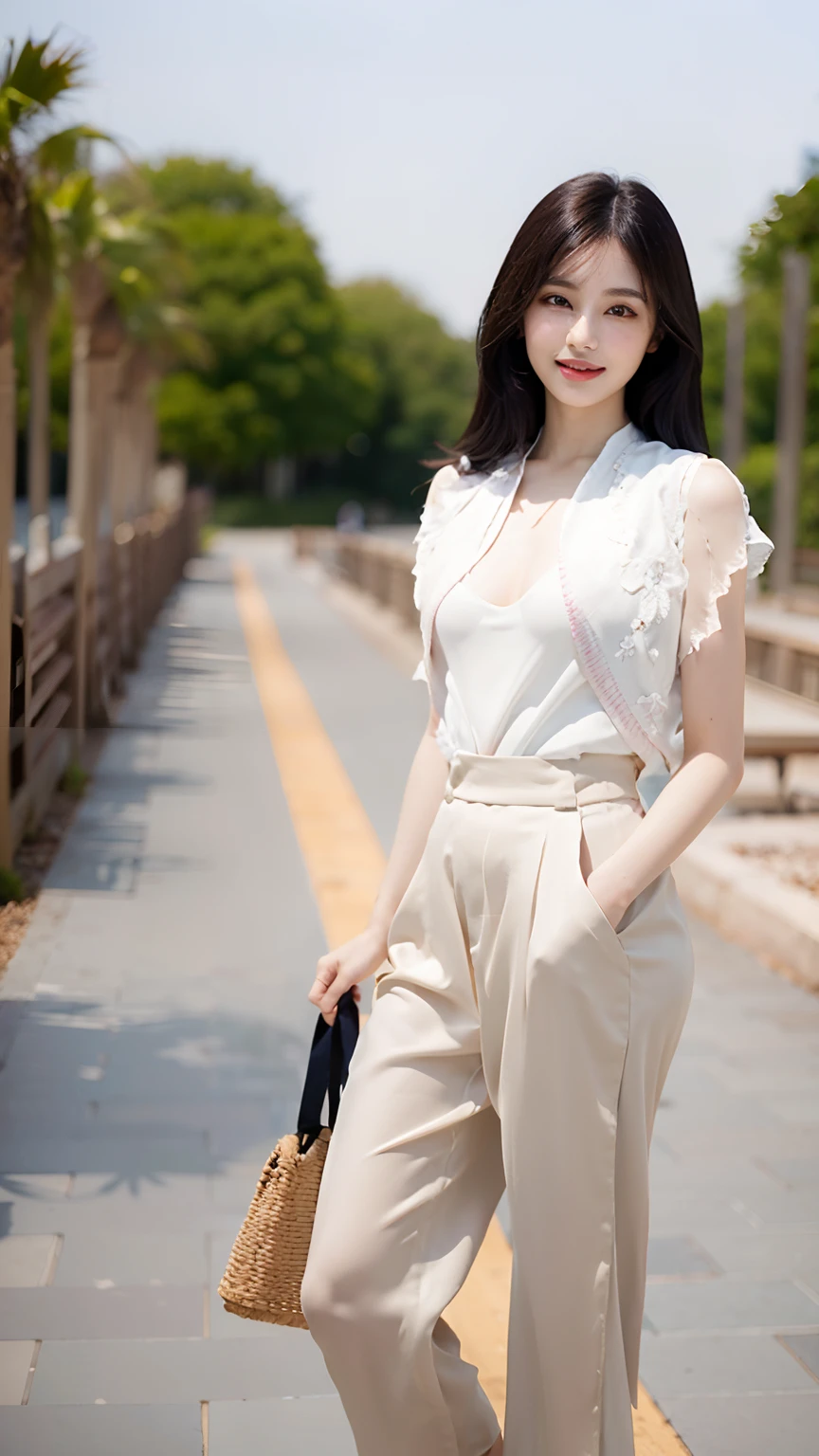 highest quality, masterpiece, Ultra-high resolution,16k,(((Face Focus))) (Realistic:1.6),((Portrait of a smiling person with their mouth wide open)) ,((Beautiful feet,)), ((White blouse with tight skirt)),((Slender body)),RAW Photos, 1 girl, 22 years old,((Crouching on the street)),((Short hair with a headband)),,((From below:1.4)),((Smiling with teeth showing)),