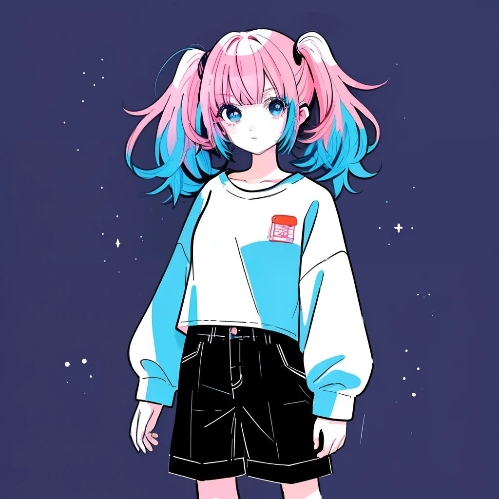 1 anime girl, short girl that has a two color hair , right half pink left half blue hair color , long twintails hair , wearing a big loose shirt and very short pants,Original Character, Looking At dark sky, (Highest Quality, Amazing Details:1.25), (Solo:1.3), Brilliant Colorful Paintings,