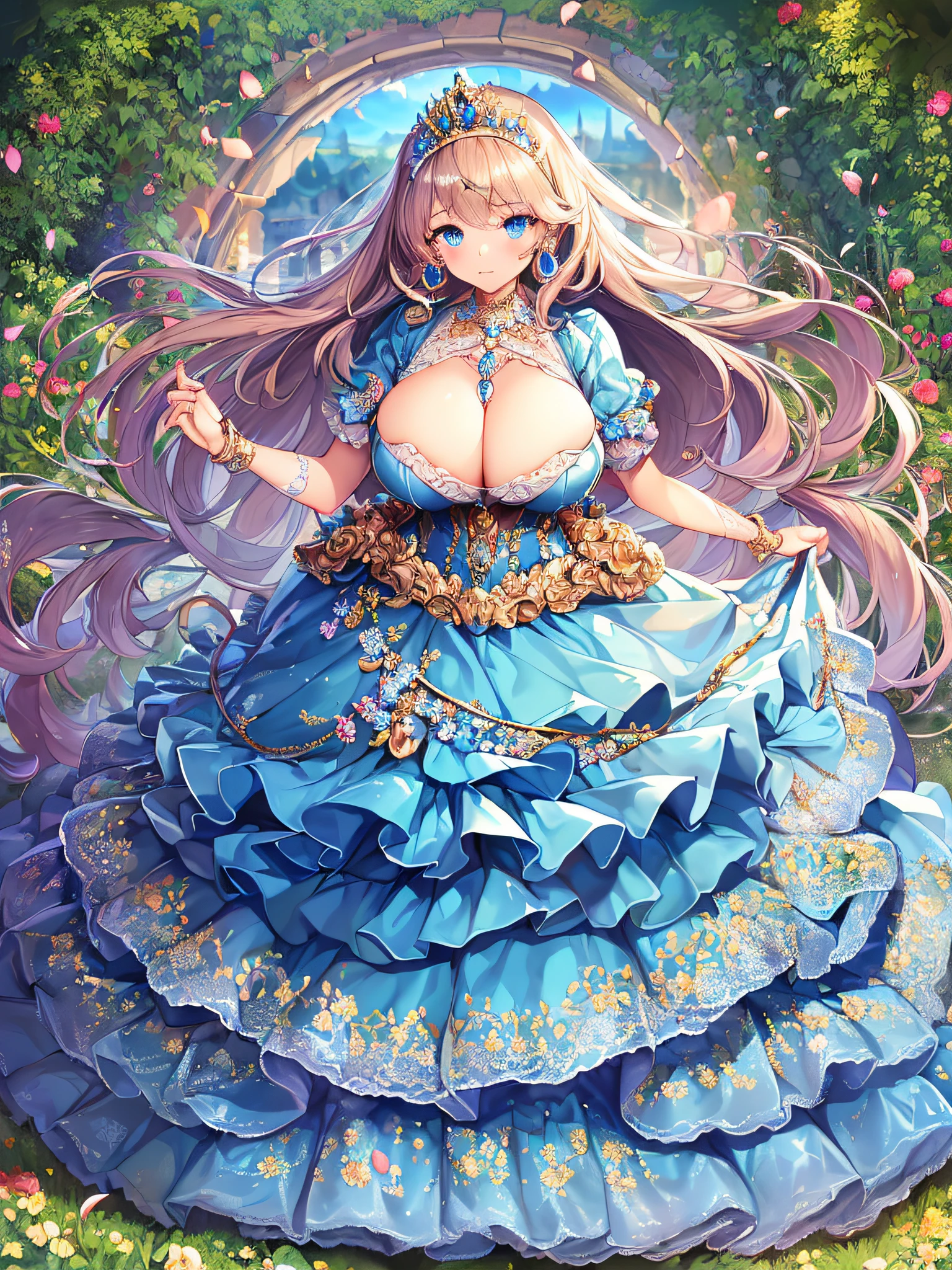 ((anime artstyle)),(Masterpiece),(Best Quality), (Super Detail),((Very Delicate and Beautiful)),(((Solo))),((full body portrait)),((1 princess in gorgeous princess rococo ballgown with voluminous full length hoop skirt)),((crinoline)),Long train,(((standing in garden))),(gorgeous gemstone jewelry),detailed face and eyes,jewel-like eyes,((large amount of straight hair,extremely voluminous Hair,Very Long Straight Hair)),((gigantic tits,Long tits)),cleavage,extremely gorgeousfull hair ornament,((bling-bling extremely gorgeousfull jeweled tiara)),((Dynamic Angle)),Looking at viewer,,flowers,flower petals flowing,((gorgeous princess rococo ballgown with voluminous full length hoop skirt))