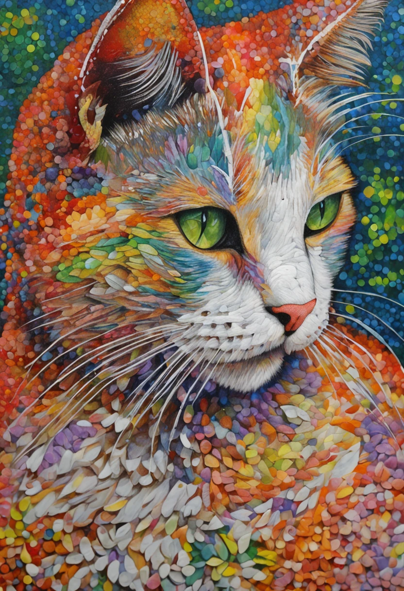 a cat ::style pointillism style, composed entirely of small, distinct dots of color, vibrant, highly detailed ::n_style anime, photorealistic, 35mm film, deformed, glitch, low contrast, noisy ::seed 100