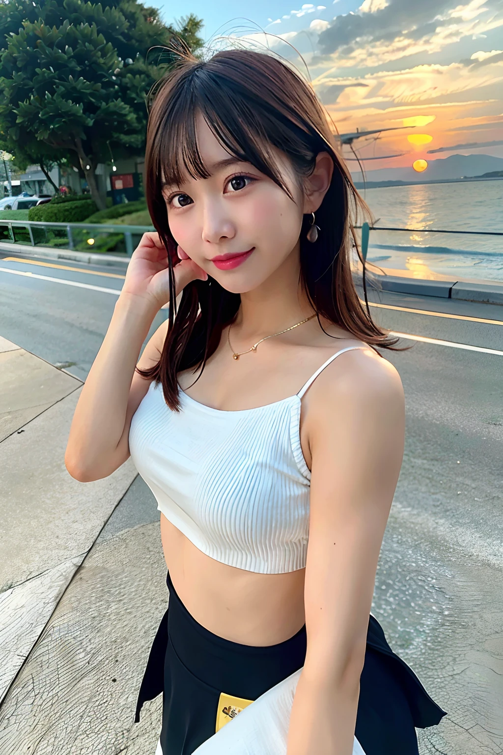 1 Girl Solo, Pretty little girl face, wearing tube top, wearing skirt. Wearing sandals, Japanese Models, 25 years old, natural makeup, middle breasts, at sunset beach