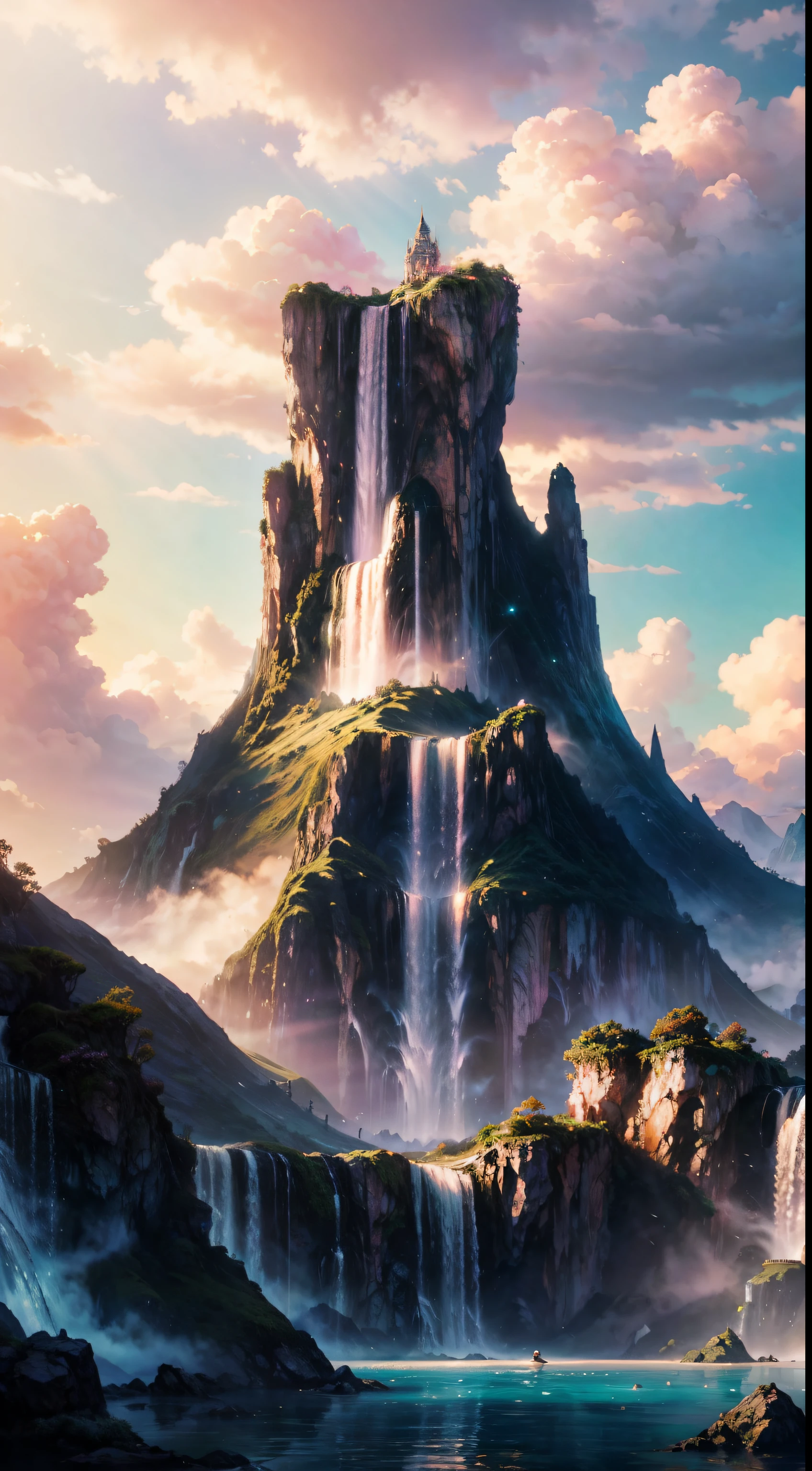 Imagine enchanting scenes of a magnificent kingdom of romantic dreams. The environment is full of intricate floating islands, Fluffy clouds, A waterfall cascading down from a floating island, and energetic, surreal atmosphere. The atmosphere is full of wonder and serenity. Many shades of pink and other vibrant gemstone tones are included in the image. This scene will be depicted in anime-style illustrations, soft line, Pastel colors, And whimsical touch. All the buildings are very detailed and elegant. The artwork will capture the ethereal beauty and serenity of the dreamy realm, Create a sense of harmony，Escape the mundane world. Blue-green water included, Colorful watercolor sky, Luminous elements, As well as many small fantasy details，Includes rainbow colors, Professionally crafted majestic landscape, and shimmer and shimmer. And most importantly, This should look like a fantasy artwork. Includes lots of vibrant colors and blurry surreal details.