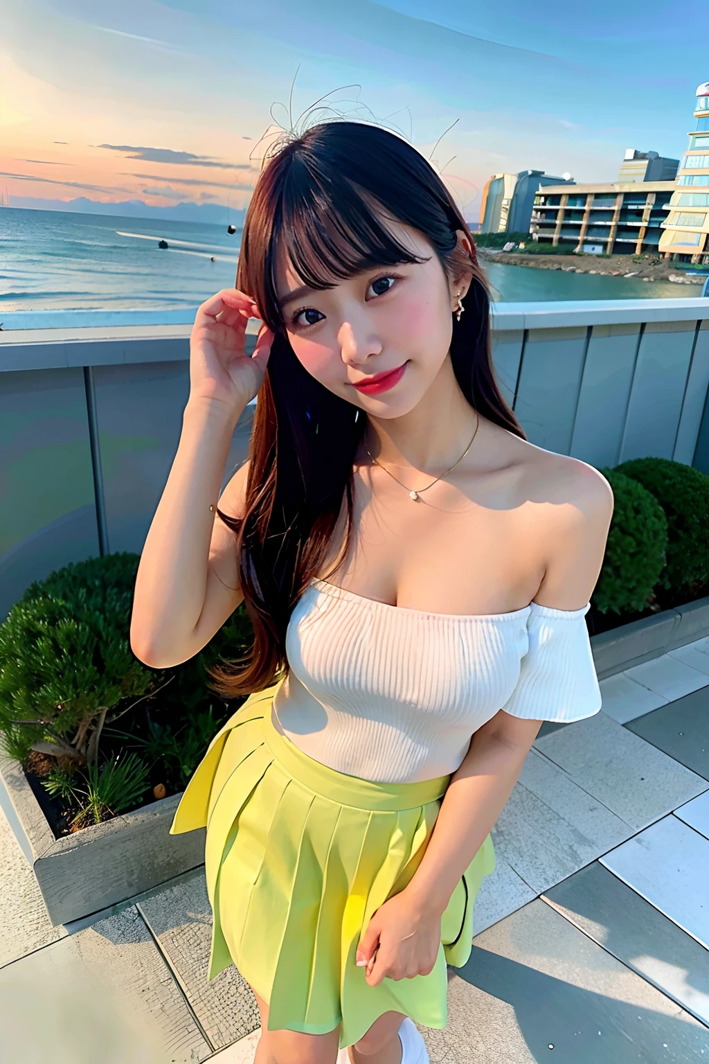 1 Girl Solo,  face, wearing tube top, wearing skirt. Wearing sandals, Japanese Models, 25 years old, natural makeup, middle breasts, at sunset beach