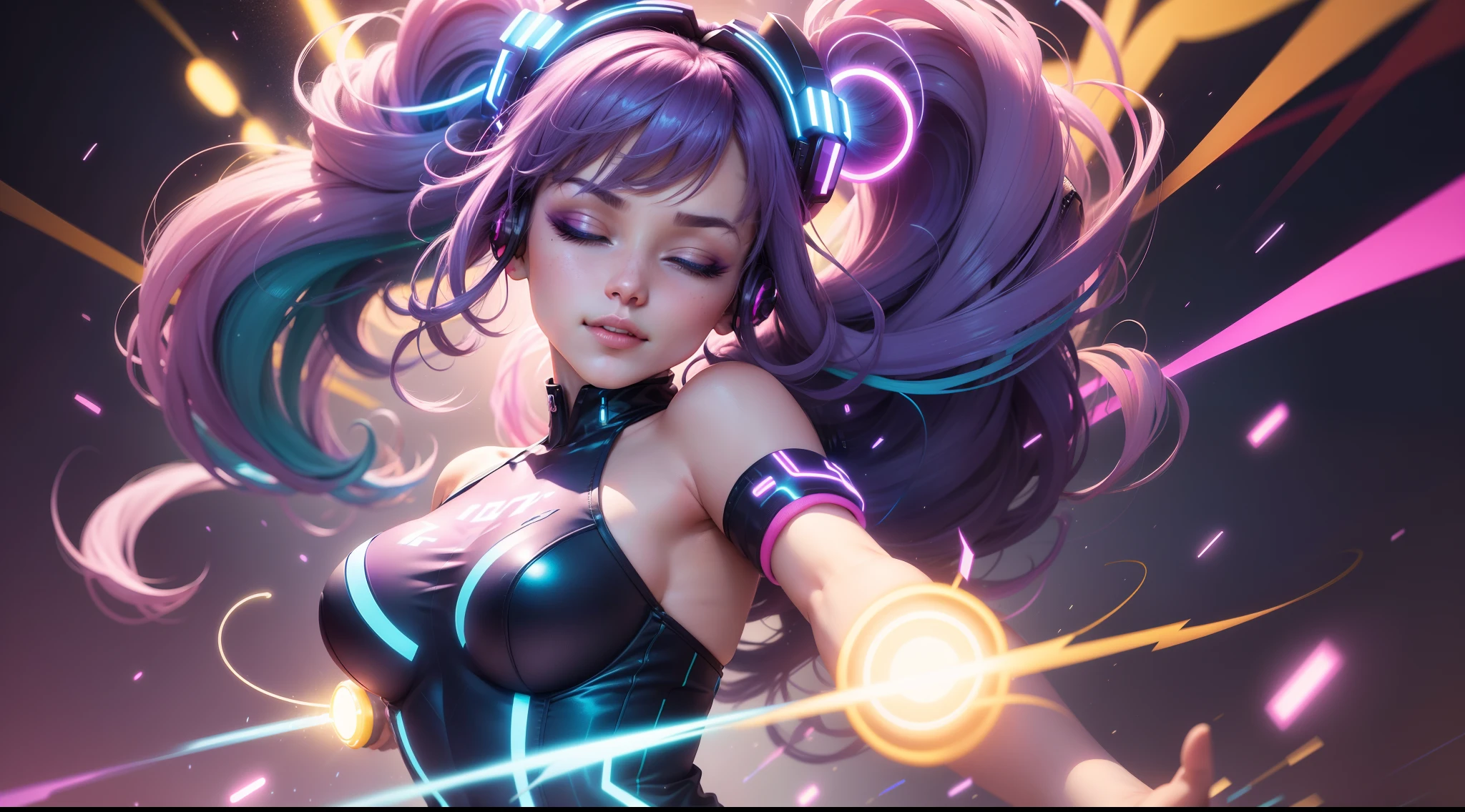 Foreground:
A dynamic pose of a cute girl, her hair flowing in the breeze. She wears a form-fitting, shimmering outfit in electric blue, capturing attention immediately. The clothing has holographic reflections, which shimmer in different neon colors as light hits it. A pair of stylish headphones sits snugly over her ears, with tiny LED lights pulsing to an invisible beat. Her eyes are closed, and a playful smirk graces her lips, hinting at the rhythm engulfing her.
Background:
A burst of vibrant, hype colors – neon pinks, electric purples, and intense yellows, swirling and blending, creating an energetic vortex. The colors are reminiscent of a lively night scene or an electrifying concert. Streaks of white lightning bolts zigzag across the background, amplifying the overall energy.