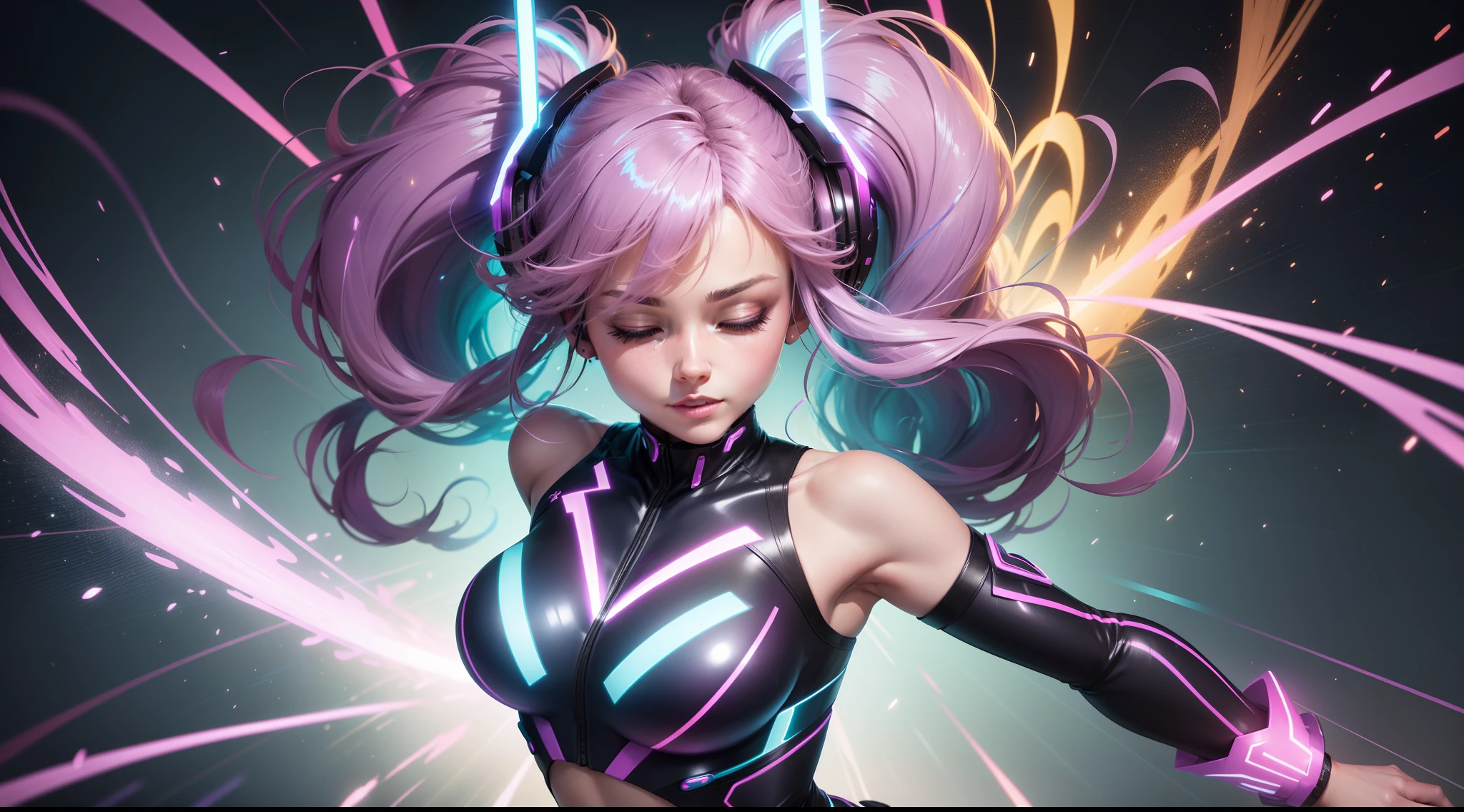 Foreground:
A dynamic pose of a cute girl, her hair flowing in the breeze. She wears a form-fitting, shimmering outfit in electric blue, capturing attention immediately. The clothing has holographic reflections, which shimmer in different neon colors as light hits it. A pair of stylish headphones sits snugly over her ears, with tiny LED lights pulsing to an invisible beat. Her eyes are closed, and a playful smirk graces her lips, hinting at the rhythm engulfing her.

Background:
A burst of vibrant, hype colors – neon pinks, electric purples, and intense yellows, swirling and blending, creating an energetic vortex. The colors are reminiscent of a lively night scene or an electrifying concert. Streaks of white lightning bolts zigzag across the background, amplifying the overall energy.