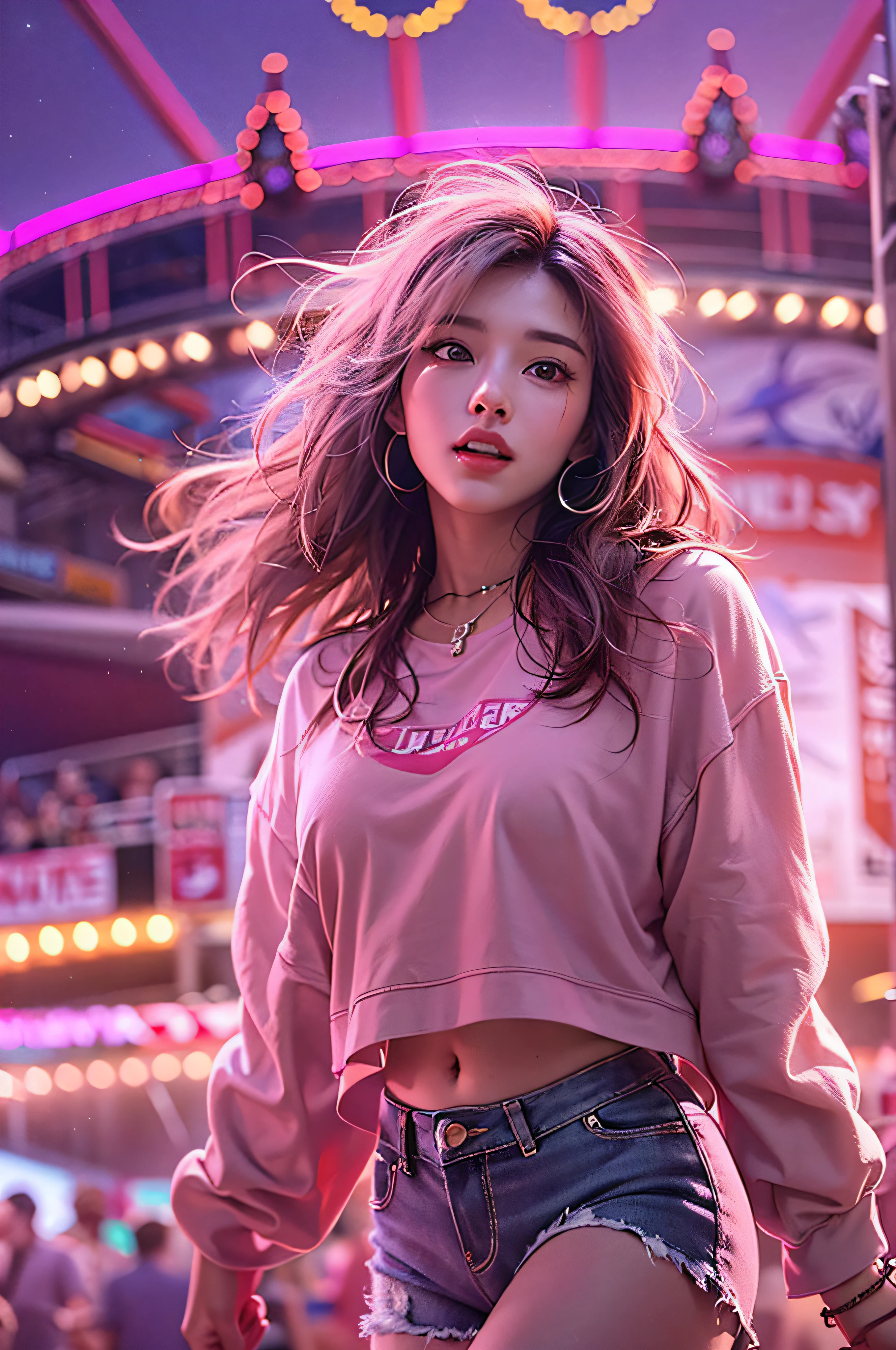 1girl, super beautiful girl, dream girl, wearing pink, ulzzang, dancing, in the background a concert in an amusement park, lightning in the sky, ultra details, ultra realistic, cinematic , octane render, 16k