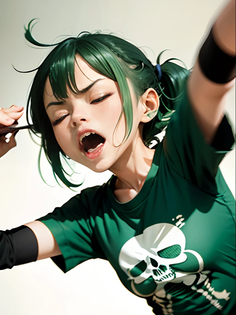 Green hair、1girl in ( Screaming),Reaching the climax:1.0,Close eyes, short-cut、masutepiece、Bottoms are randomly generated、（ Skeleton illustration printed shirt ）、Background bokeh:1.5