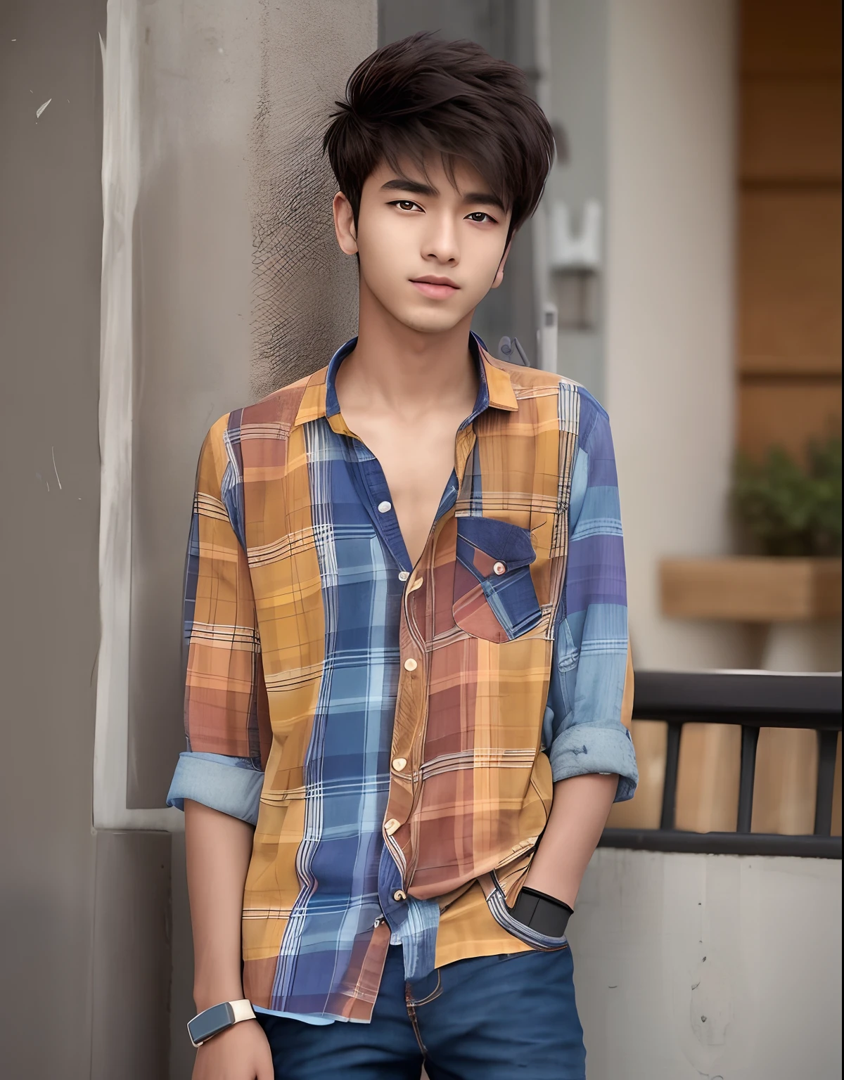 arafed boy in a plaid shirt and jeans standing in front of a building, teenage boy, male teenager, beautiful young man, * colour splash *, with lovely look, cute young man, fashion model, casual photography, innocent look. rich vivid colors, teen boy, ayan nag, young boy, thin young male, with accurate face, modeling shoot, beautiful model