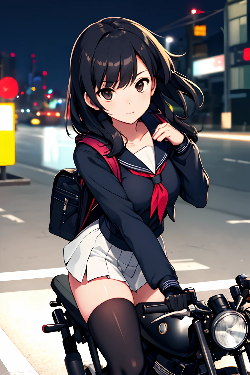 masterpiece, best quality, 1girl, solo, jacket, school uniform, serafuku, thighhighs, wearing gloves, wearing backpack, black hair, black eyes, cyberpunk, street, machinery, motor vehicle, motorcycle, panorama, wearing helmet, speed line, depth of field, motion blur, perspective, panorama, riding, floating hair, night, neon trim, hand on hand grip,