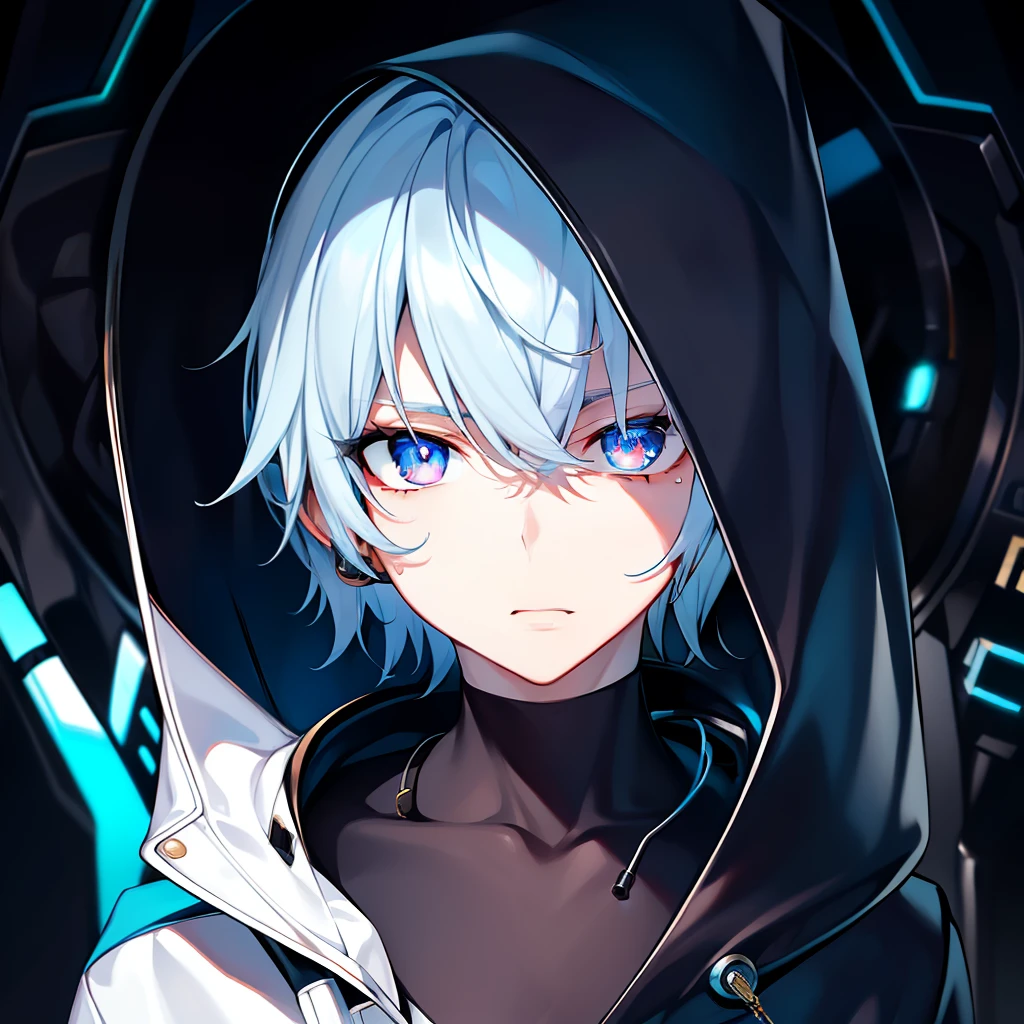 solo person,tmasterpiece,exquisite facial features,s the perfect face,Libido boy,mature,sexy for,Short hair,Expressionless,Beautiful eyes,Amber pupils,white skinned,Hooded sweatshirt,blue hairs,Issuing,shoun,tear-mole,cyber punk perssonage,Earphone,frontage,looking at you,Handsome
