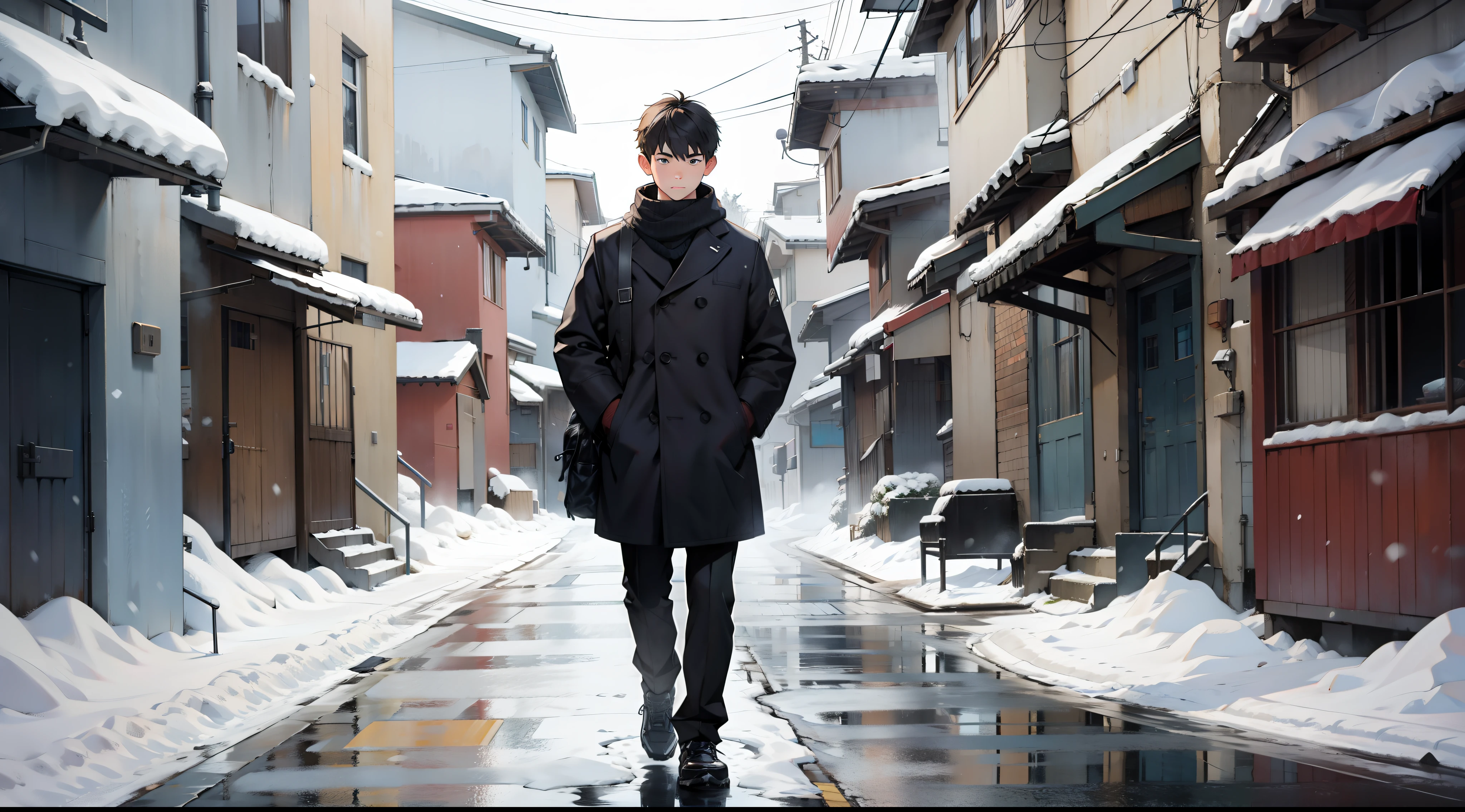 A boy stands on the street in winter