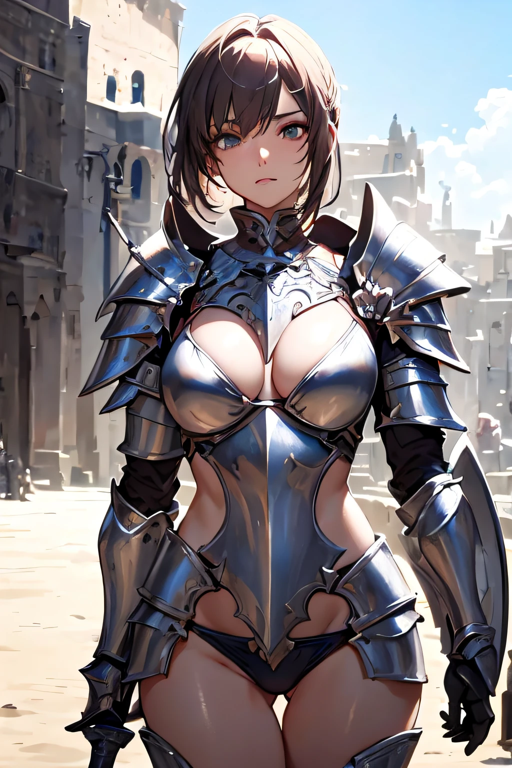 a close up of a woman in armor holding a sword, armor girl, bikini armor female knight, Bikini Armor, bikini-armor, Gorgeous Female Paladin, Female knight, of a beautiful female knight, Beautiful armor, A slender、bikini-armor, Revealing armor, ornate bikini armor, stunning armor, Trending on ArtStation pixiv, beautiful female knight