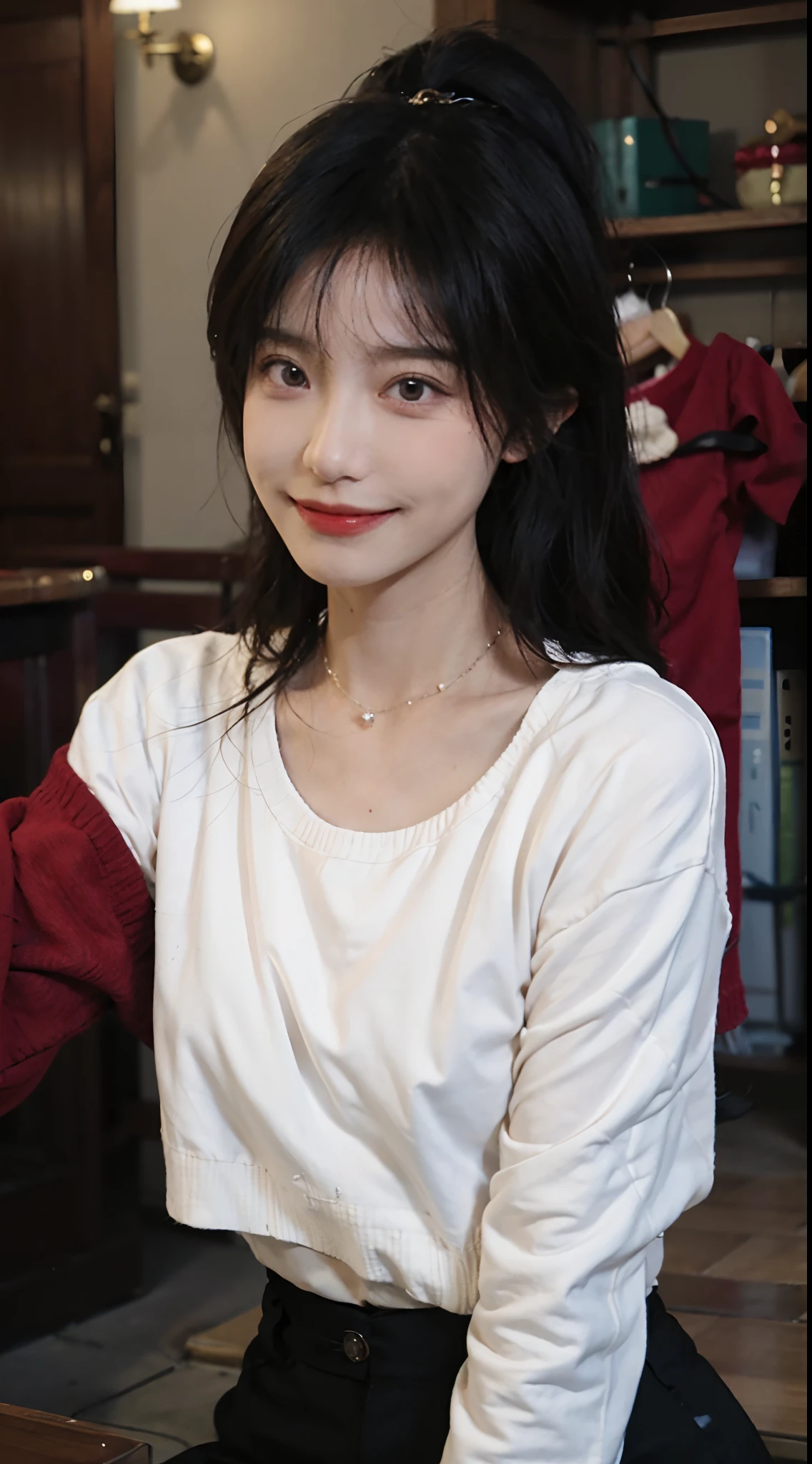 best qualtiy, 超高分辨率, (realisticlying:1.4),cute hairpin,Baoyu Girl,lipsticks,1girll, ,Cropped red sweater,,Beautiful woman with a slim figure:1.4, Abs:1.1, 浴室,Ultra-fine face,Elaborate Eyes,二重まぶた,ssmile,choker necklace