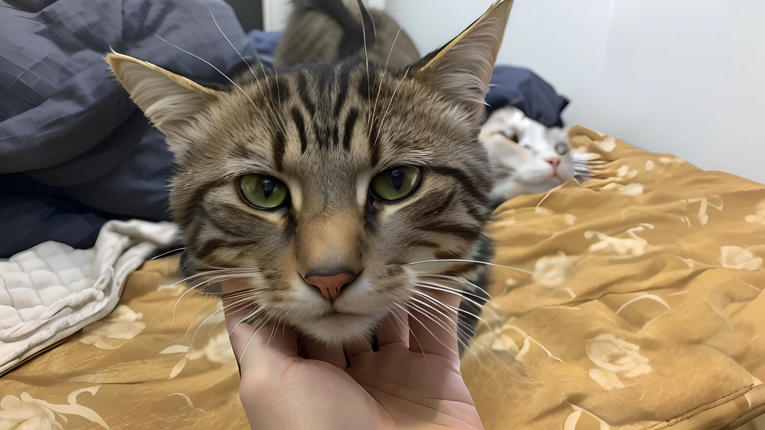 There was a cat sitting on the bed，Someone is holding it, cute furry needs your help, staring right into camera, Glaring at the camera, male emaciated, staring right into camera, holding it out to the camera, looking towards camera, scowling, Very handsome, looking to the camera, looking towards camera
