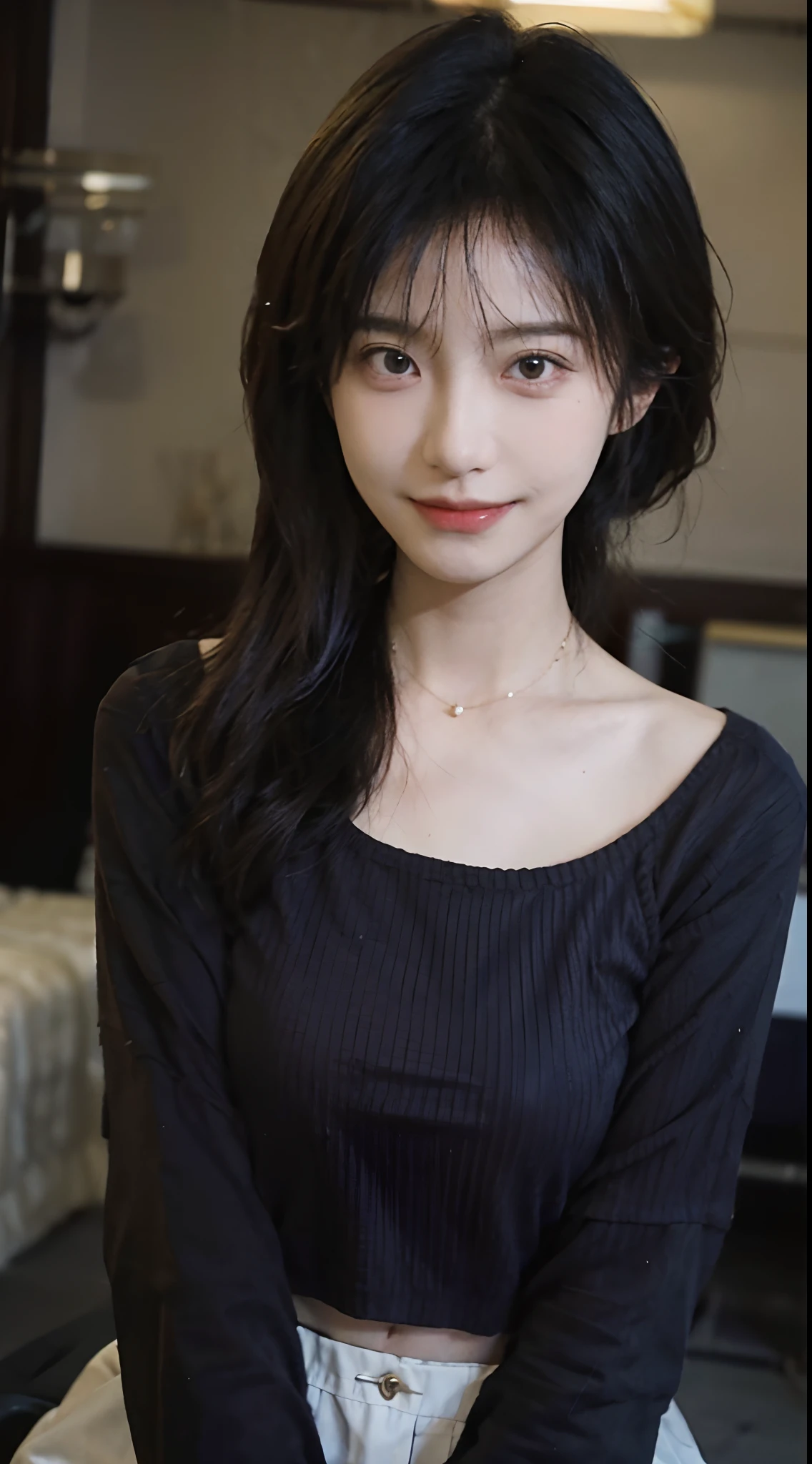 best qualtiy, 超高分辨率, (realisticlying:1.4),cute hairpin,Baoyu Girl,1girll,,Cropped red sweater ,,Beautiful woman with a slim figure:1.4, Abs:1.1, 浴室,Ultra-fine face,Elaborate Eyes,二重まぶた,ssmile,choker necklace