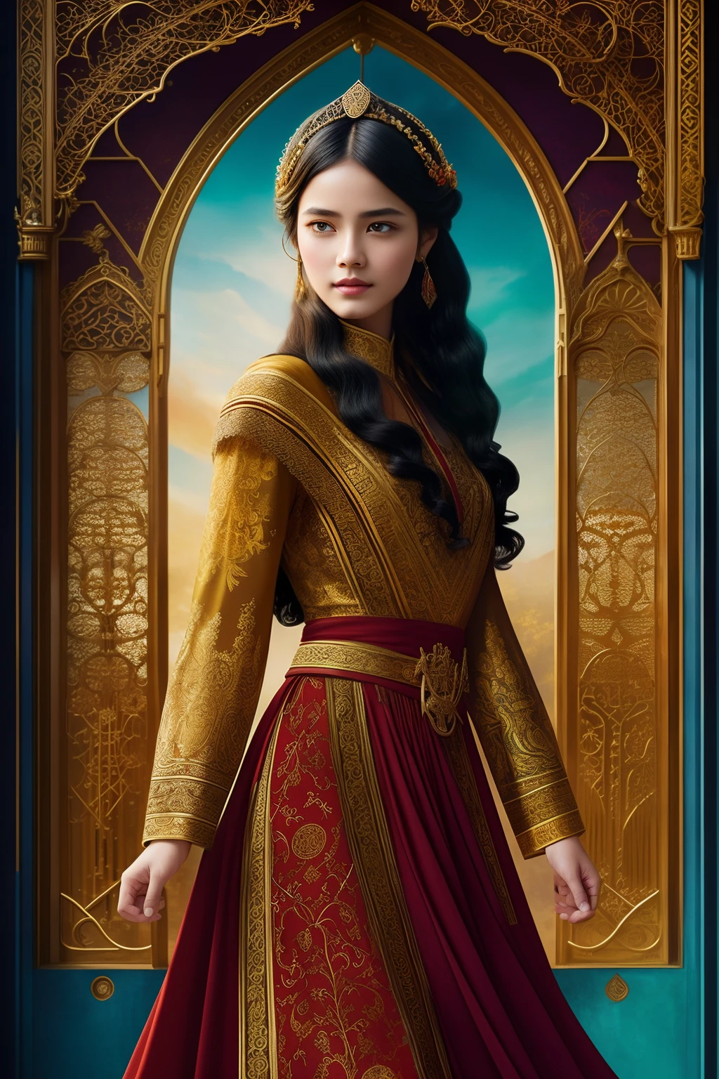 The girl on the cover of an antique novel，Black hair and red mask，golden decorations，silver trinkets，blood stain，Beautiful characters，Dark cyan tunic，Yellow tunic，ellegance，mistic，knowledge，Dignified posture，Intricate patterns，Natural pattern，Celestial motifs，Deep contemplation，Majestic cloak，luxurious fabrics，swirling patterns，Magical atmosphere，harmonious color palette，carismatic，wisdom。quadrangle，warm color，best qualtiy，tmasterpiece，A high resolution，realisticlying，复杂，Rich background painting，