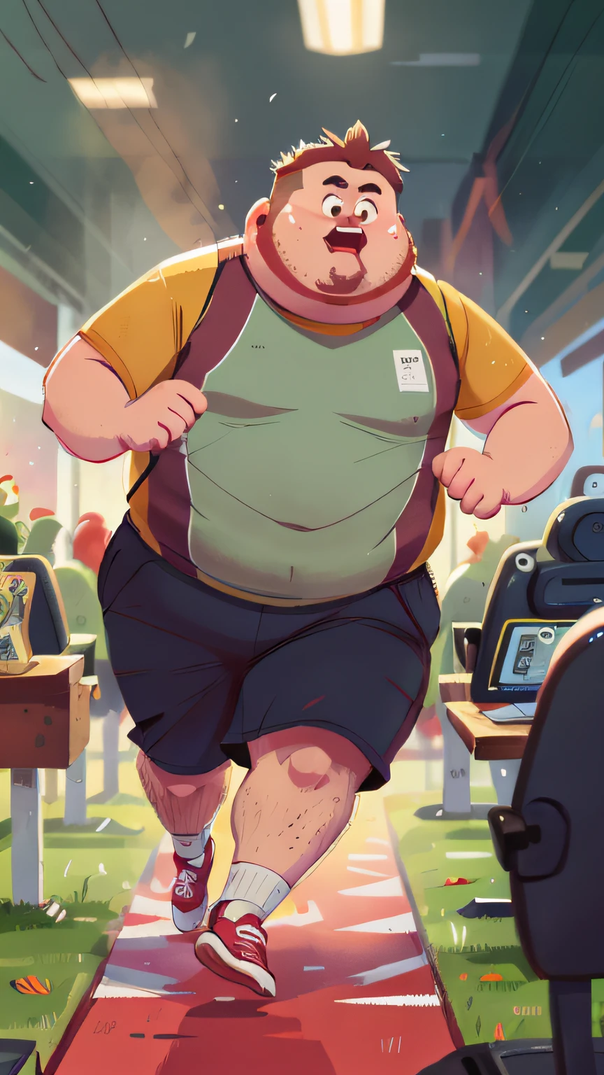 A fat man running on a treadmill,Perfect quality,Clear focus, (tmasterpiece:1.2) (realisticlying:1.2) (Bokeh) (best qualtiy) (detailedskin:1.3) (complexdetails) (8K) (detailedeyes) (Sharp focus)