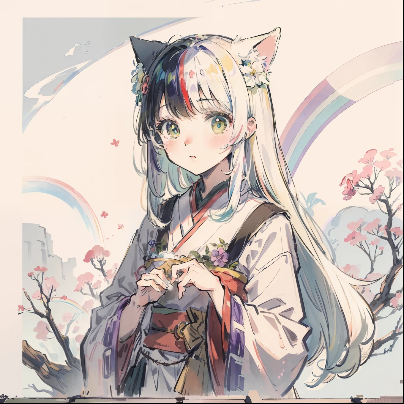 (Best quality1.2、masutepiece)、Yumekawa、Lots of flowers、A stunning、Take a cute cat、kawaii、White hair(rainbow-colored hair)
